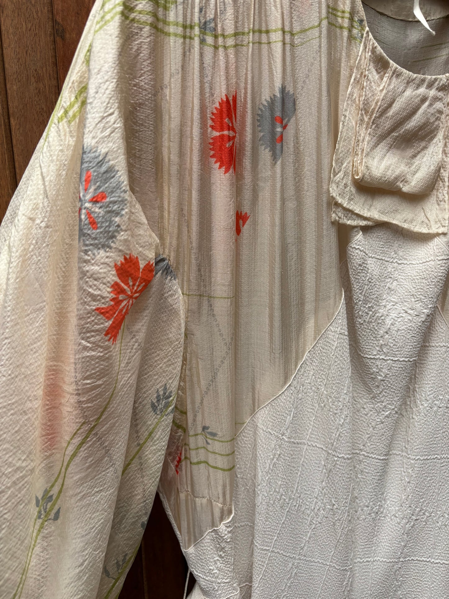 1930s Ivory Crepe & Floral Silk Dolman Sleeve Gown