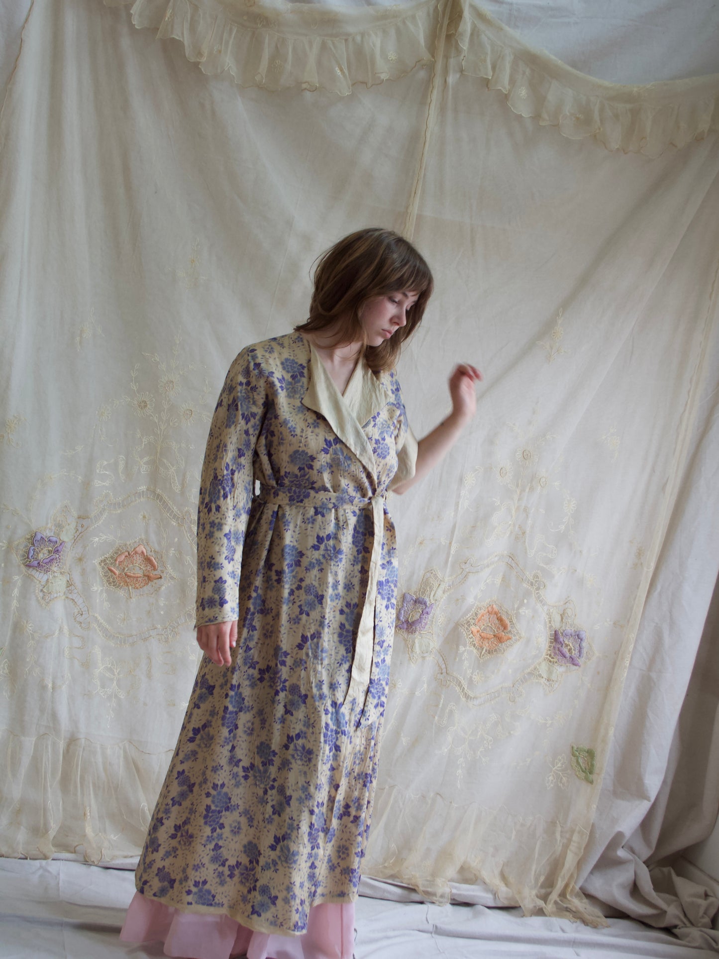 Antique 1920s Reversible Flutter Sleeve Floral Pongee Silk Robe