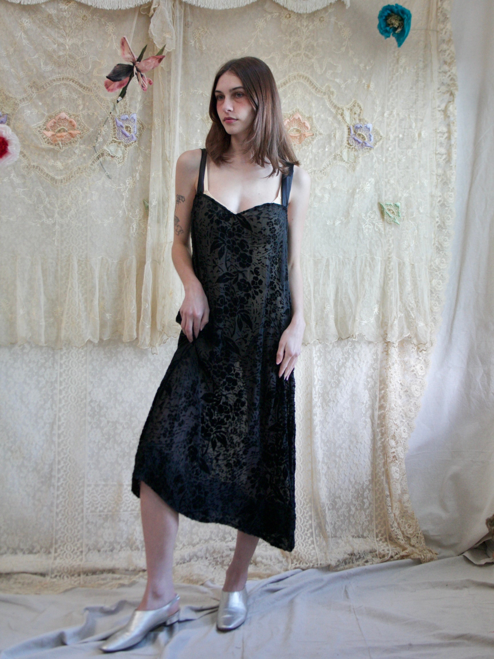 Antique 1920s Ink Devore Velvet Slip Dress Antique 1920s Ink Devore Velvet Slip Dress
