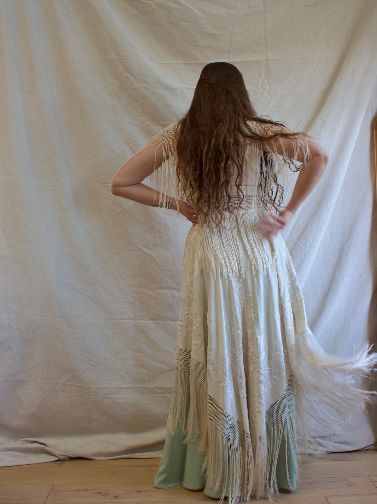 Antique Embroidered Fringe Piano Shawl Made Two Piece Gown