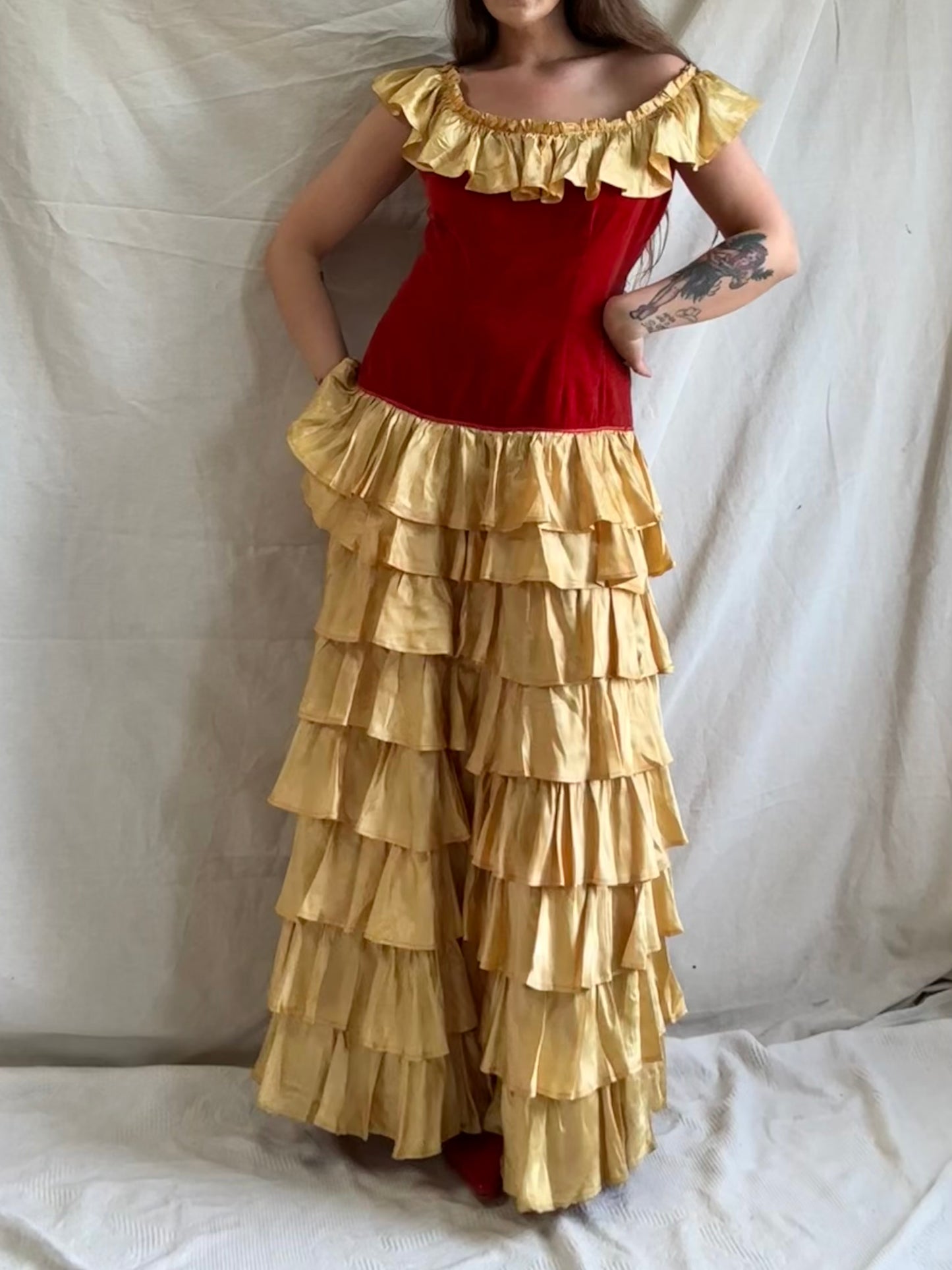 1930s Crimson Velveteen & Gold Liquid Satin Tiered Ruffle Gown