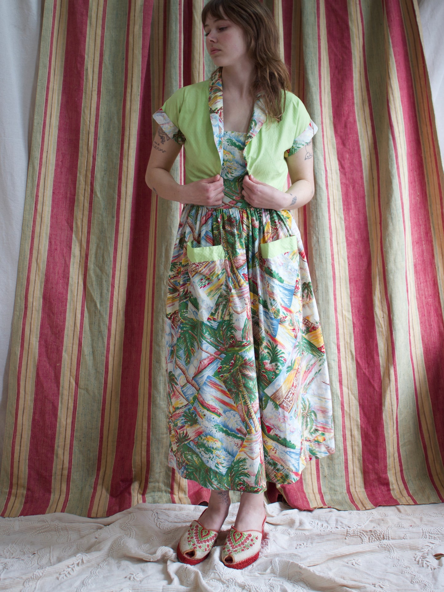 1940s 2 PC Hawaiian Print Cotton Sundress w* Chartreuse Bolero
