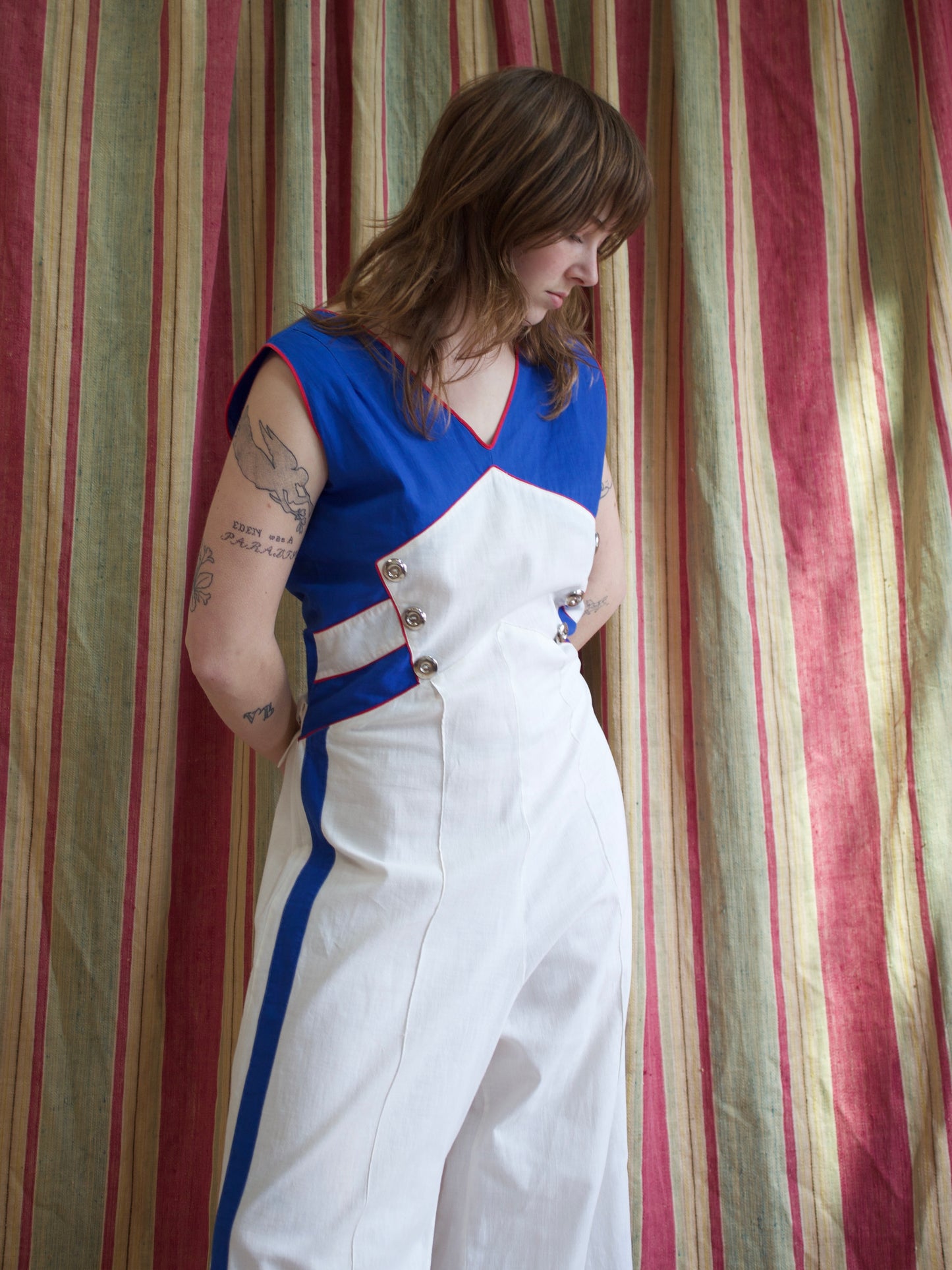 Rare 1930s Tri-Tone Cotton Side Button Beach Pajamas / Overalls w* Side Cinch