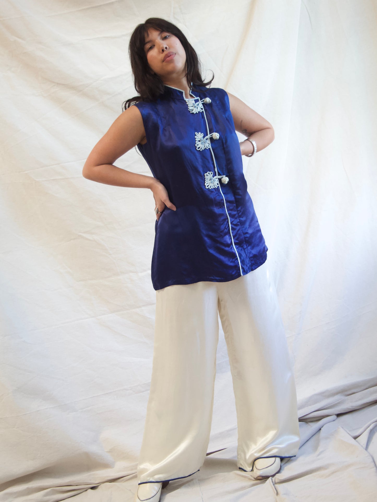 1940s Cobalt & Ivory Silk Two PC Loungewear Blouse Pant Set