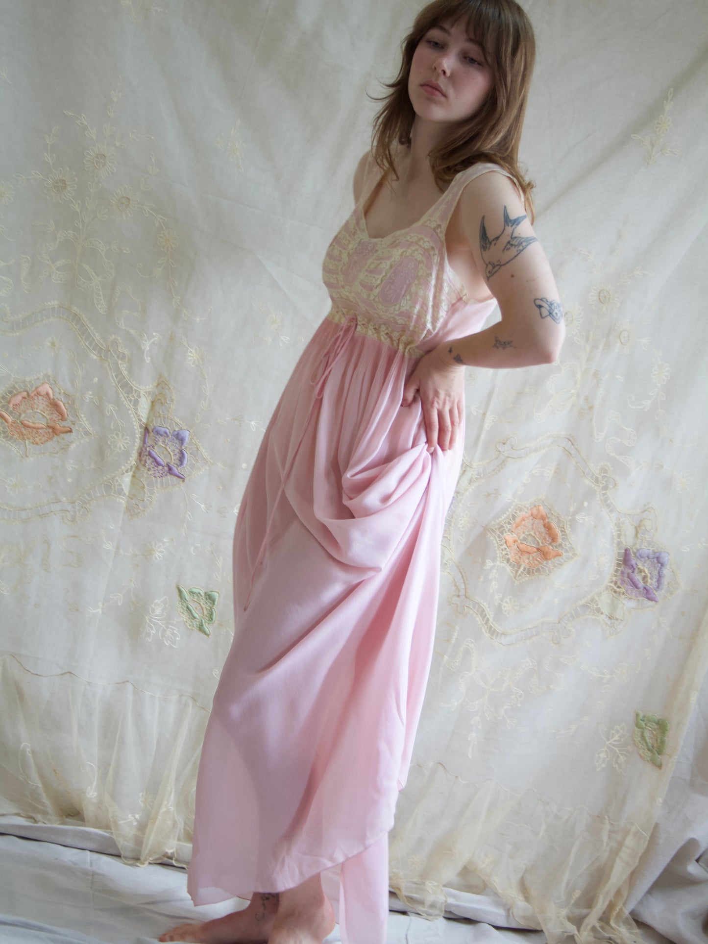 1930s Pale Silk Chiffon & Lace Hand Embroidered Slip Dress