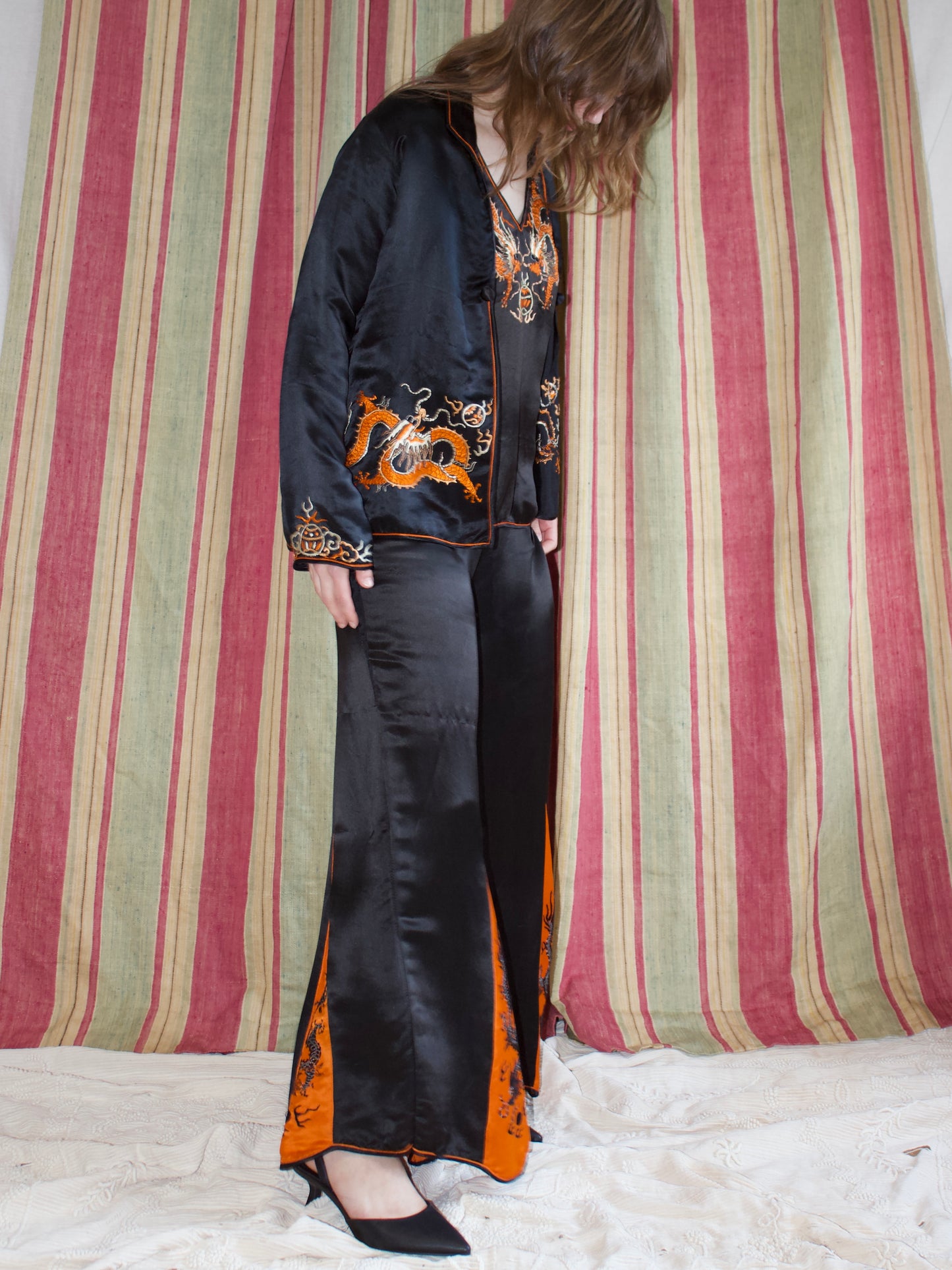 Antique 1920s Silk Wide Leg Chinese Dragon Embroidered 3 PC Lounging Pajamas