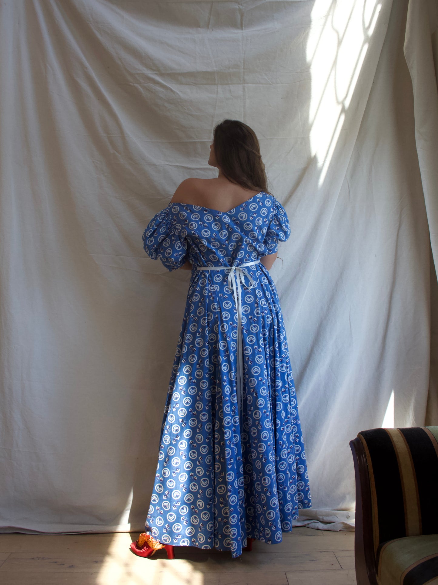 1930s Nautical Print Gigot Sleeve Cotton Beach Dress