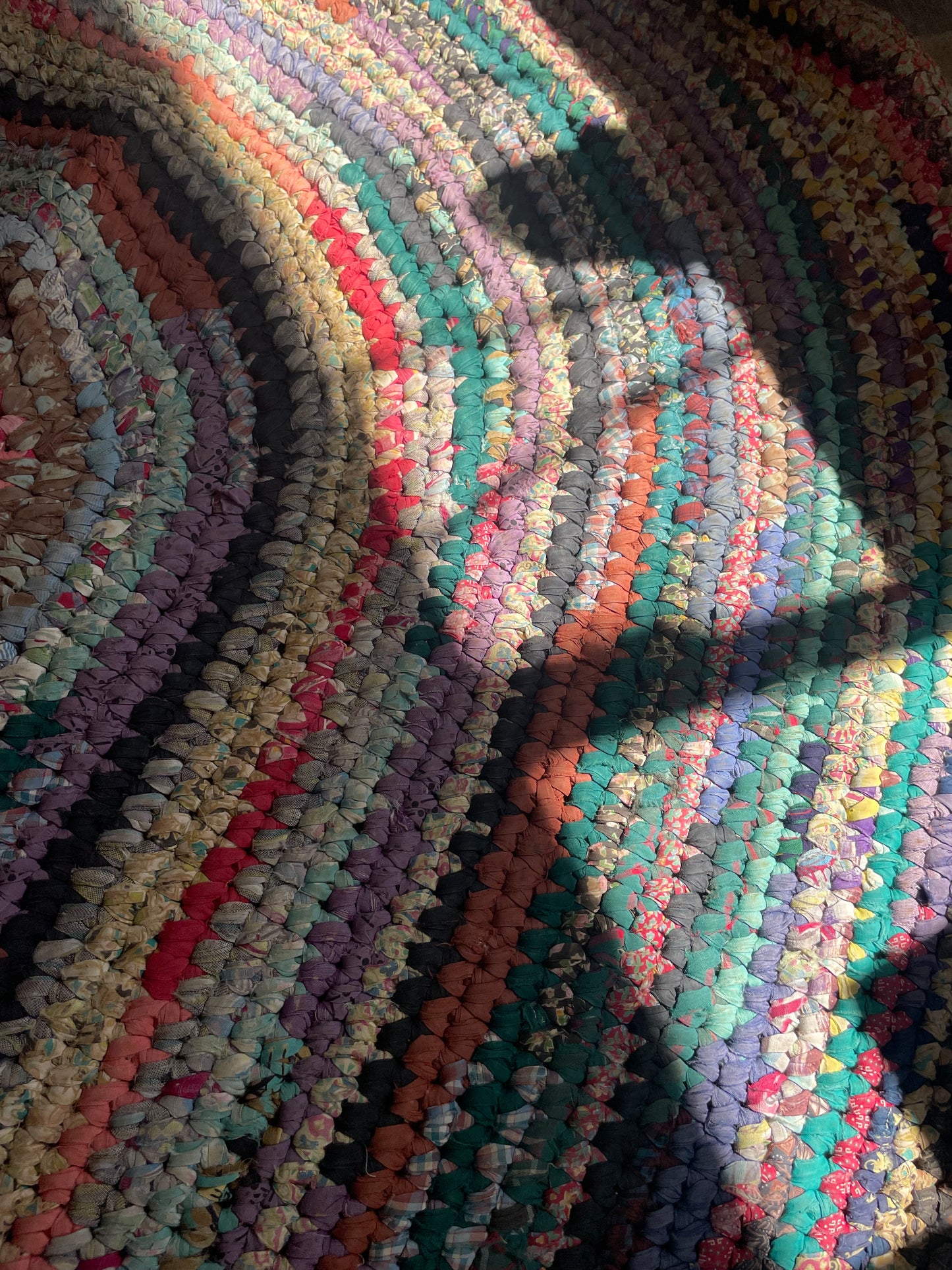 Depression Era Multi-Colored Feedsack Large Oval Area Rag Rug
