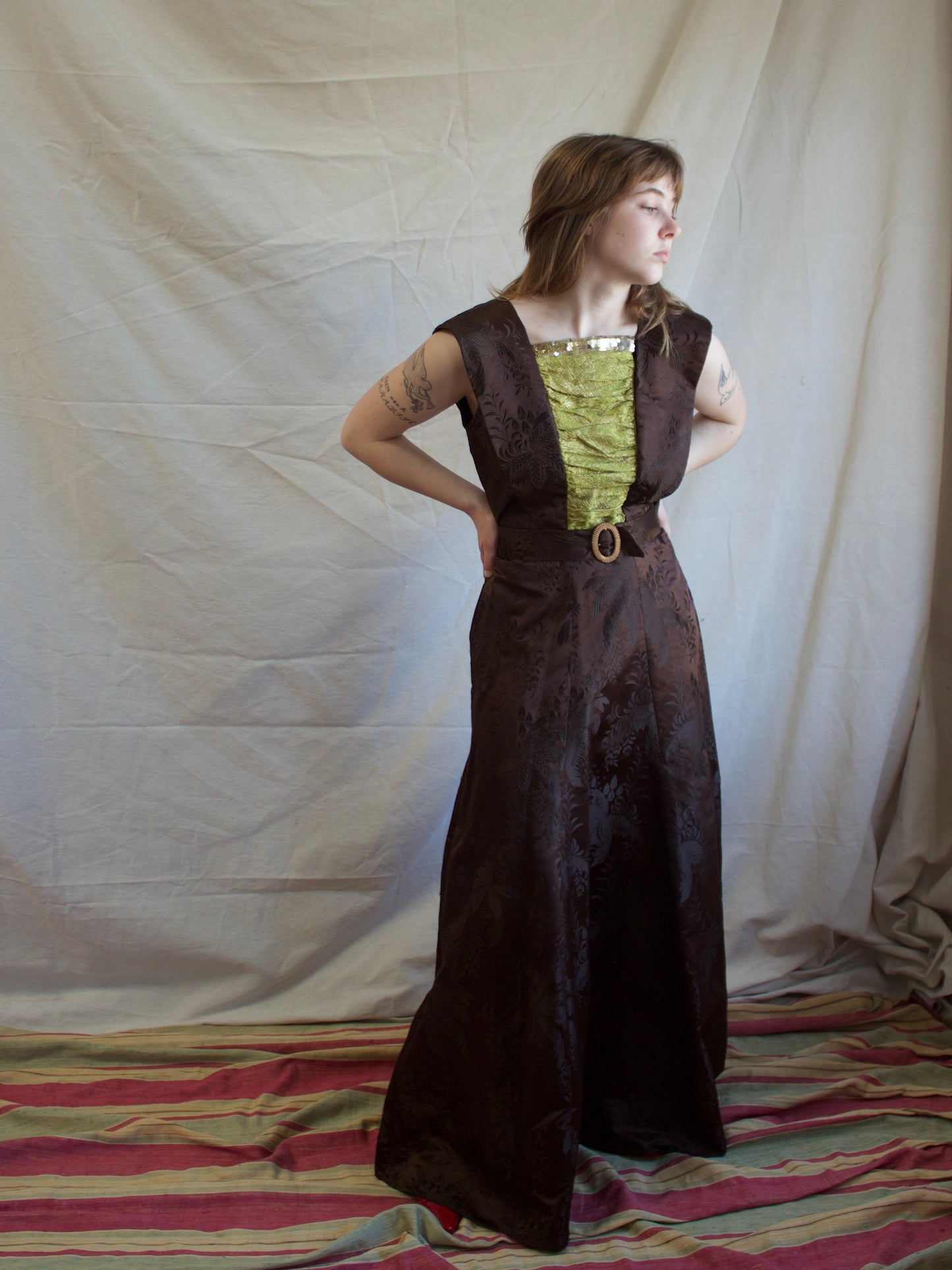 1930s Silk Satin Jacquard & Lamé Sequin Trim Gown