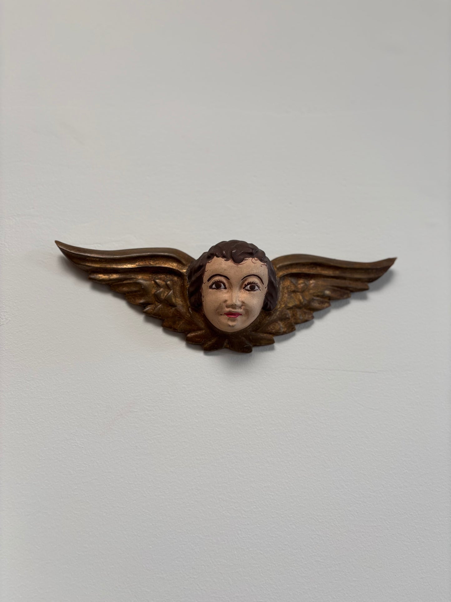 Antique 19th Century Hand Painted Wooden Winged Cherub Folk Art