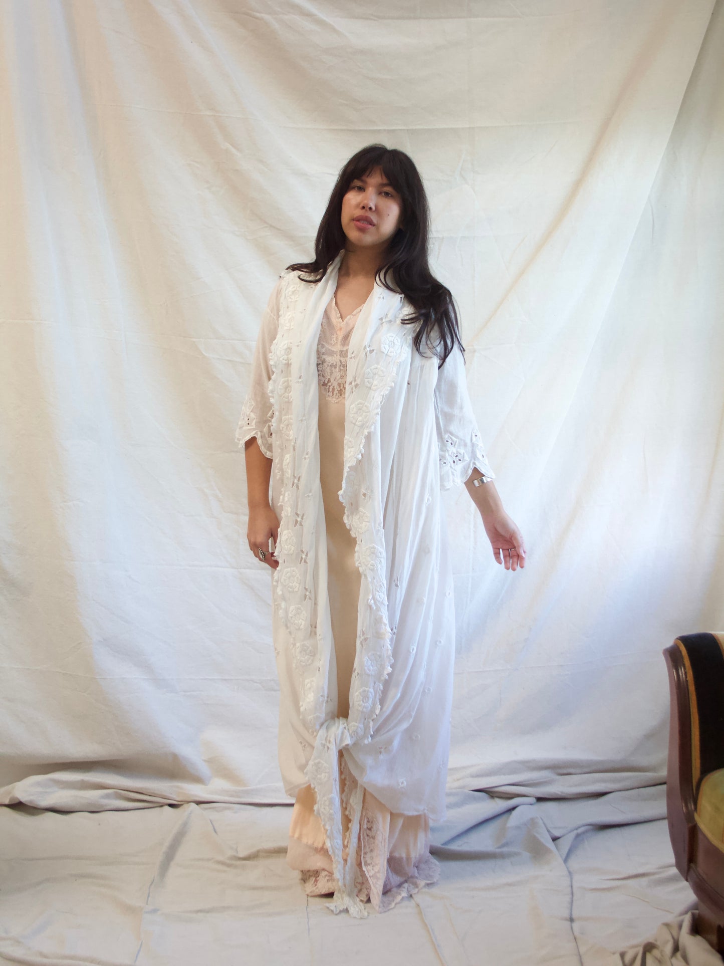 Antique Edwardian Hand Sewn Eyelet Cotton Duster Robe