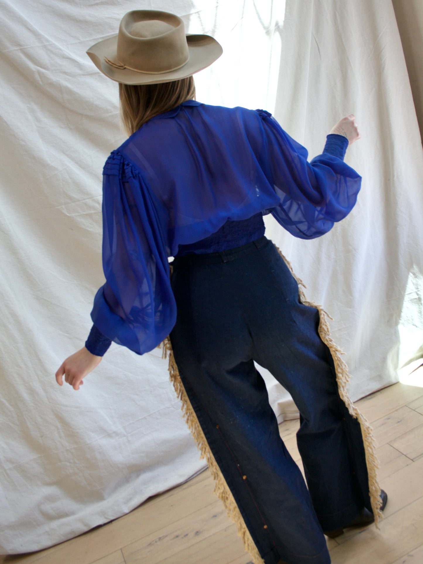 1930s Cobalt Chiffon Bishop Sleeve Smocked Blouse