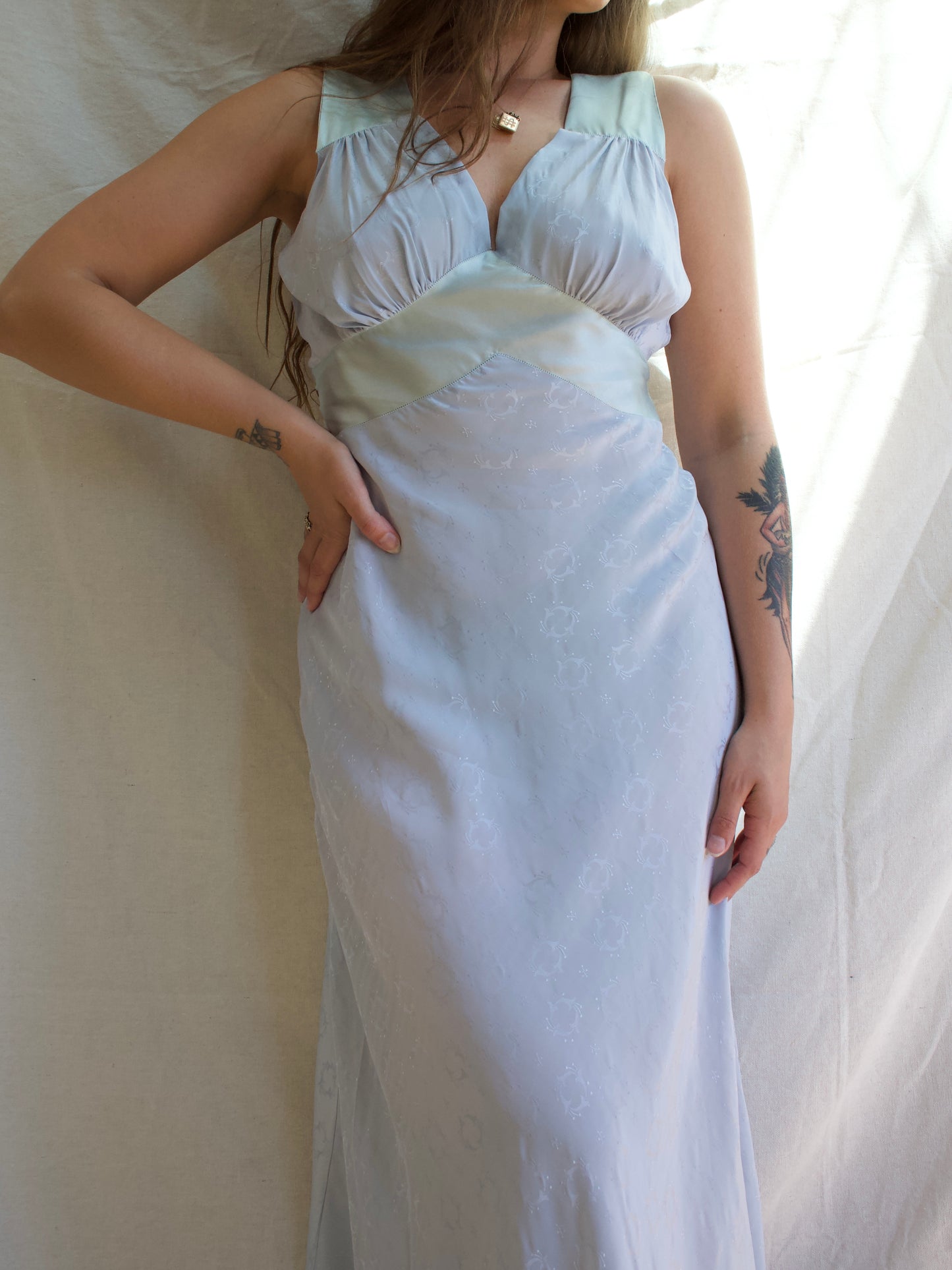Headstock 1940s Icey Blue Silk Rayon Brocade Bias Cut Slip Dress
