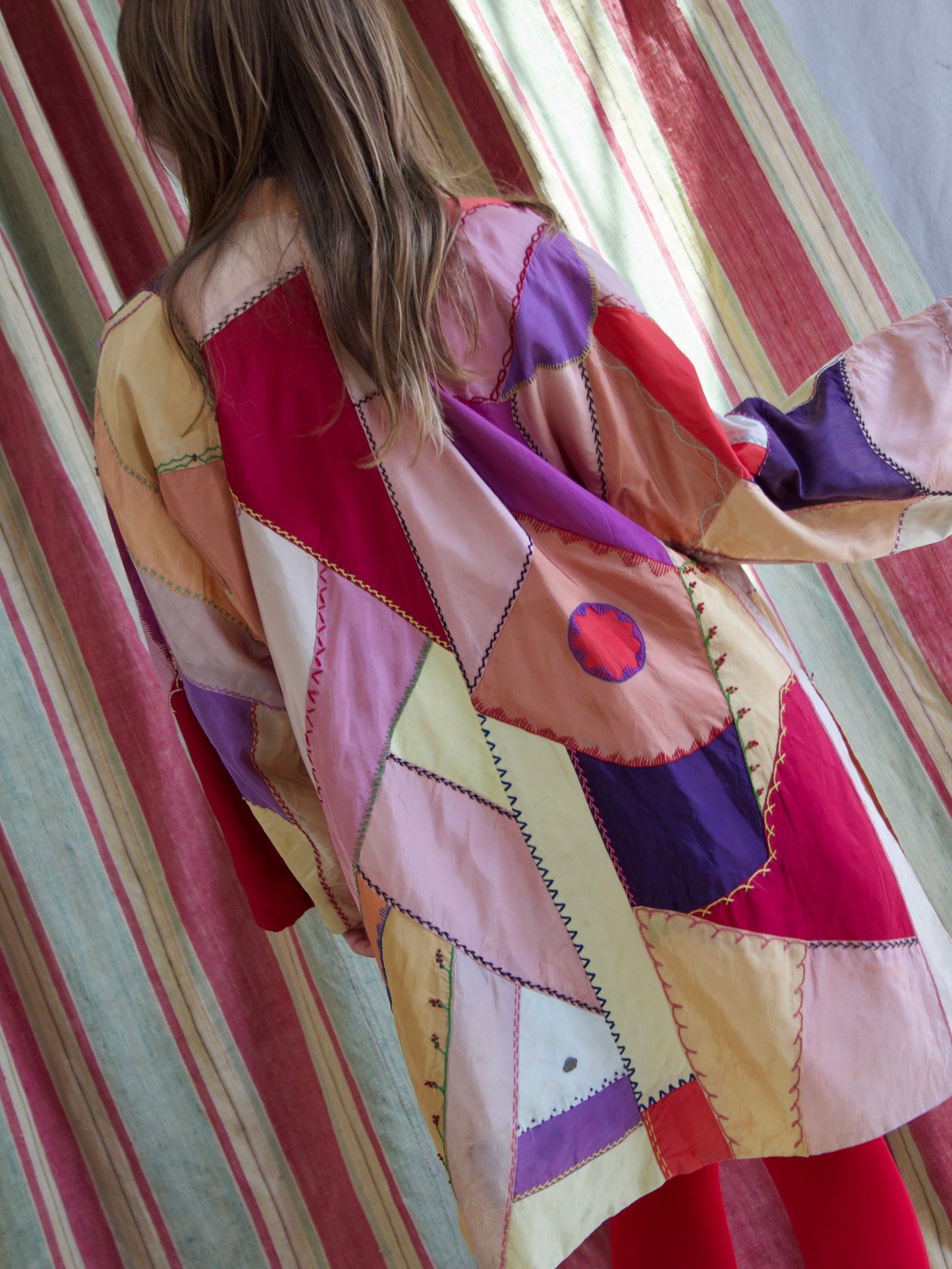 1940s Neon Rayon Crazy Quilt Bell Sleeve Tunic Style Jacket