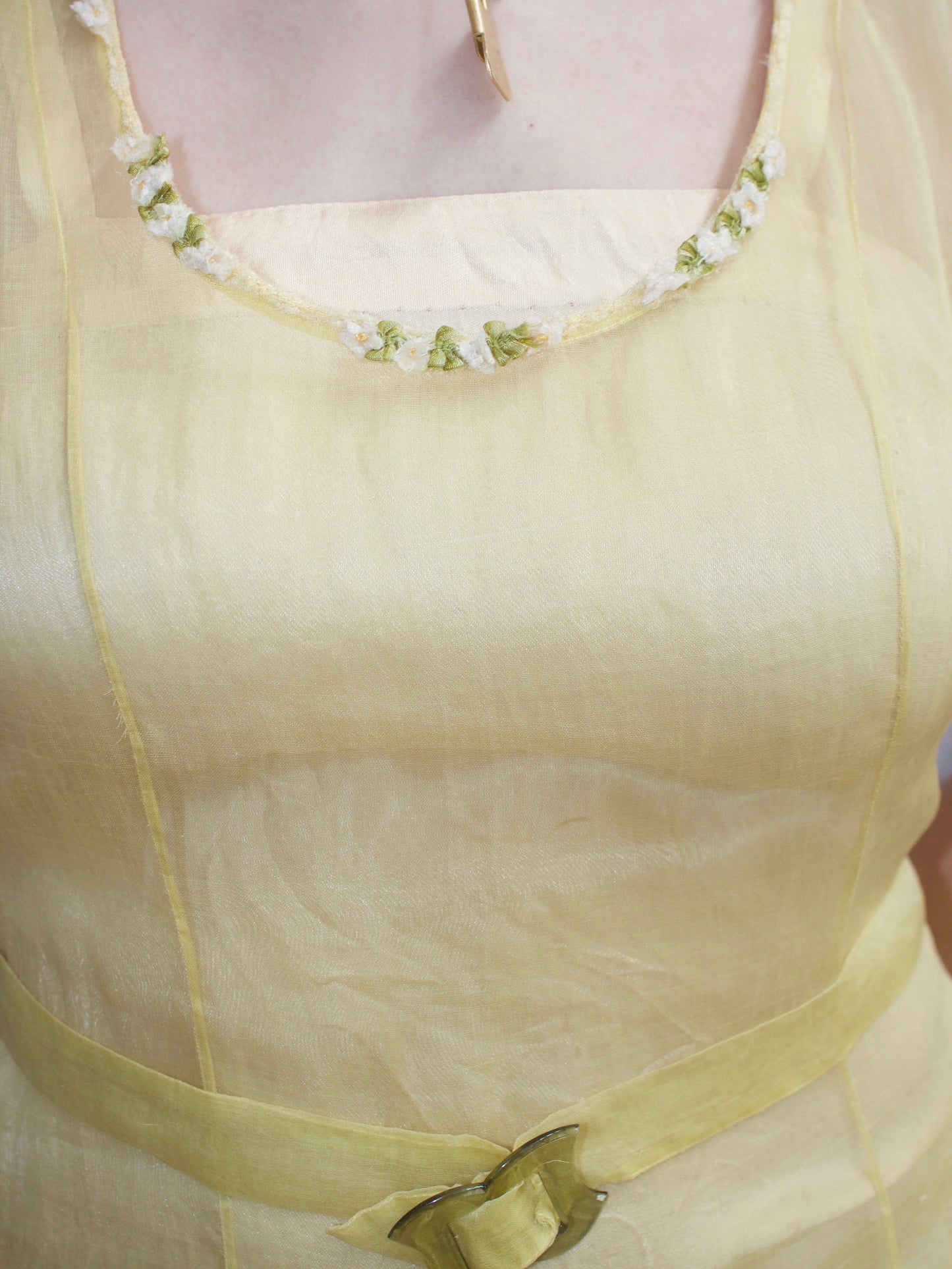 1930s Buttery-Chartreuse Silk Organza Drop Waist Gown