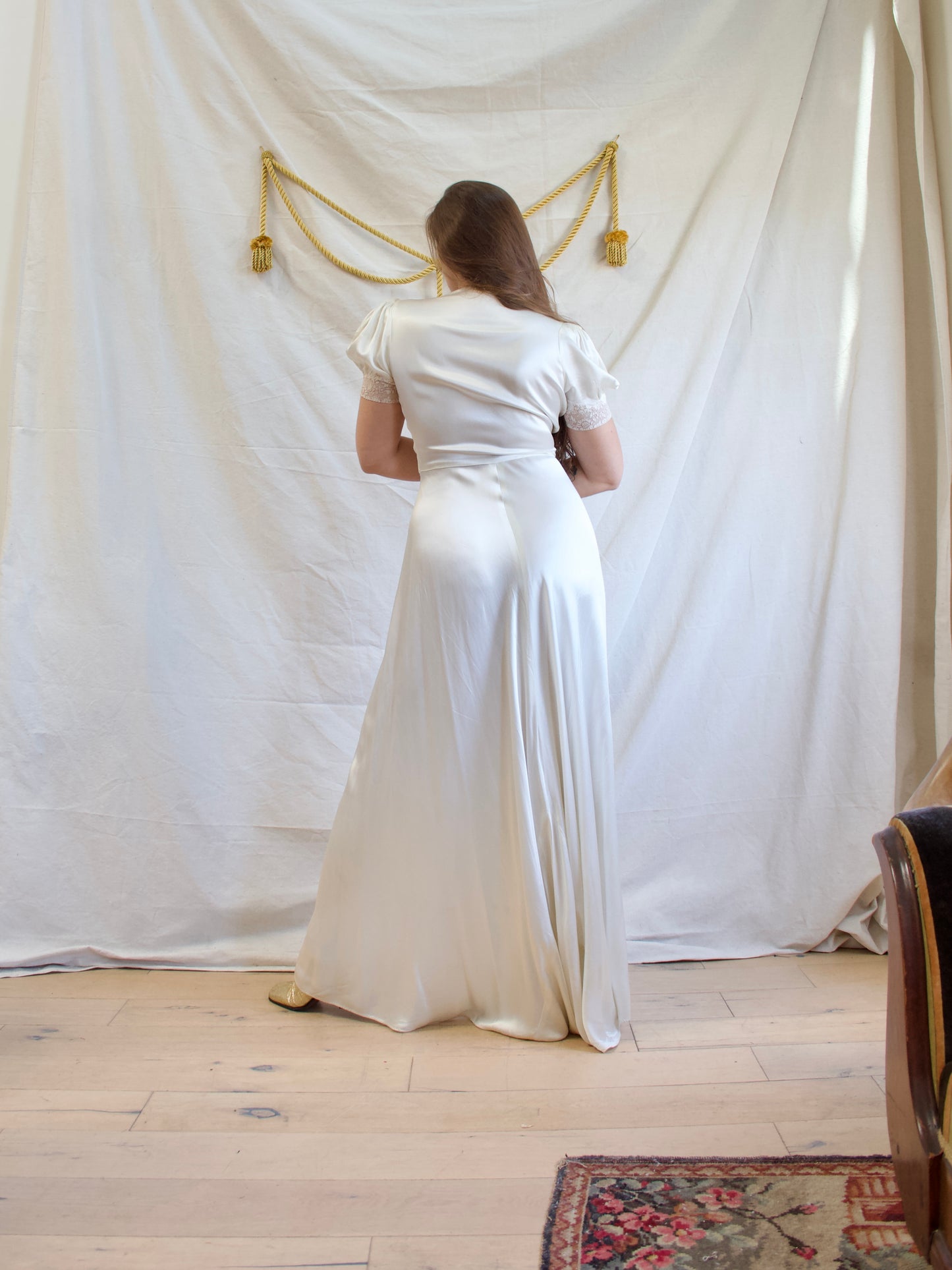 Late 1930s Liquid Silk Satin Trained Zip Front Inset Lace Gown