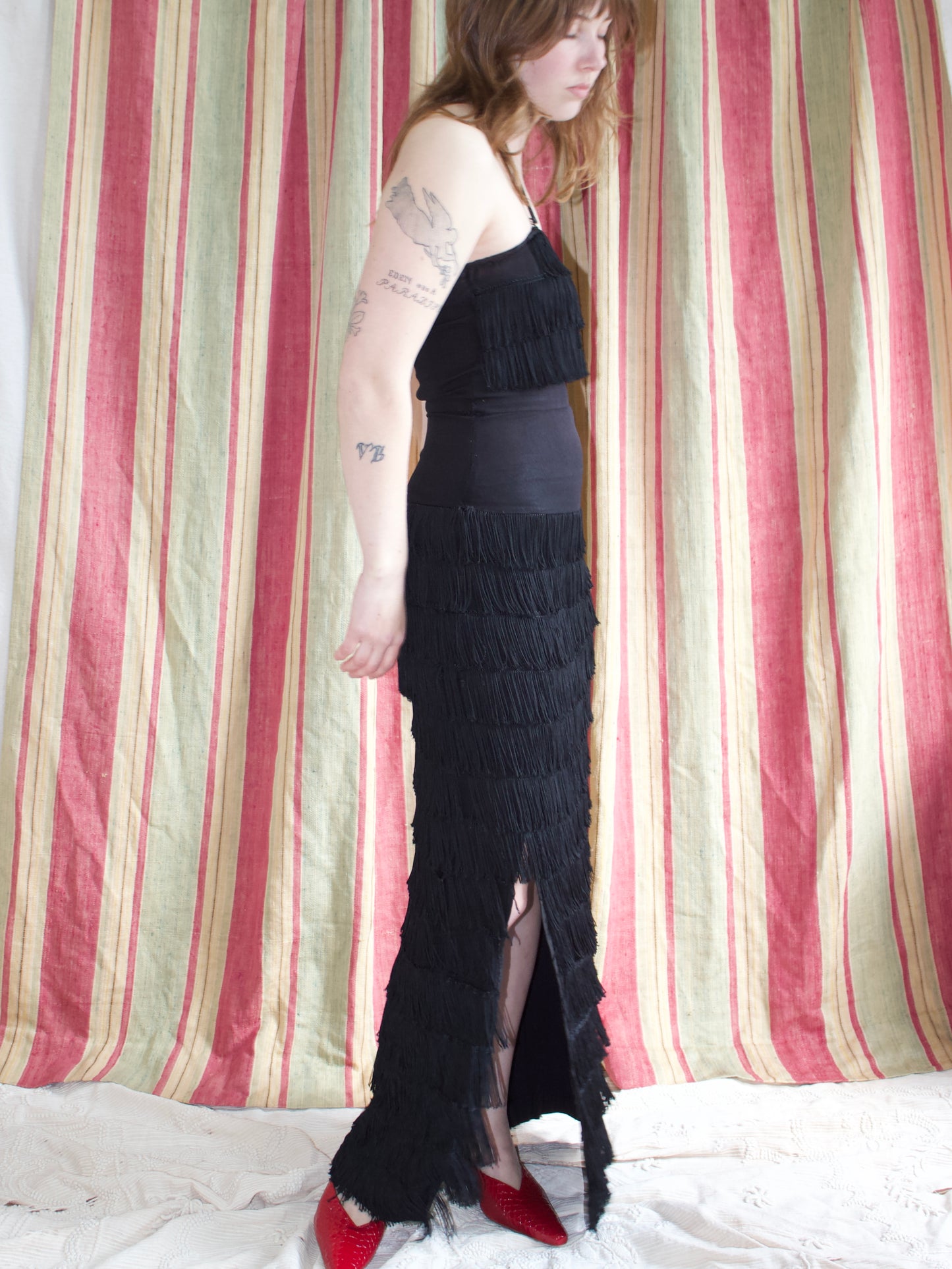 Rare 1940s Halter Style Floor Length Fringe Crepe Gown