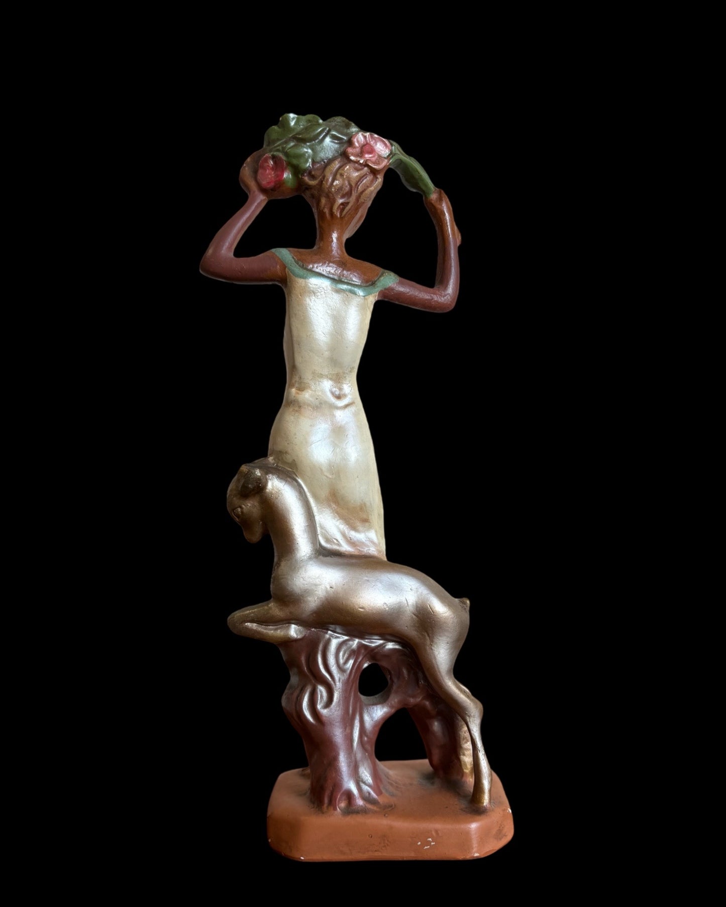 1940s Iridescent Art Nouveau Woman & Lamb Ploychrome Statuette