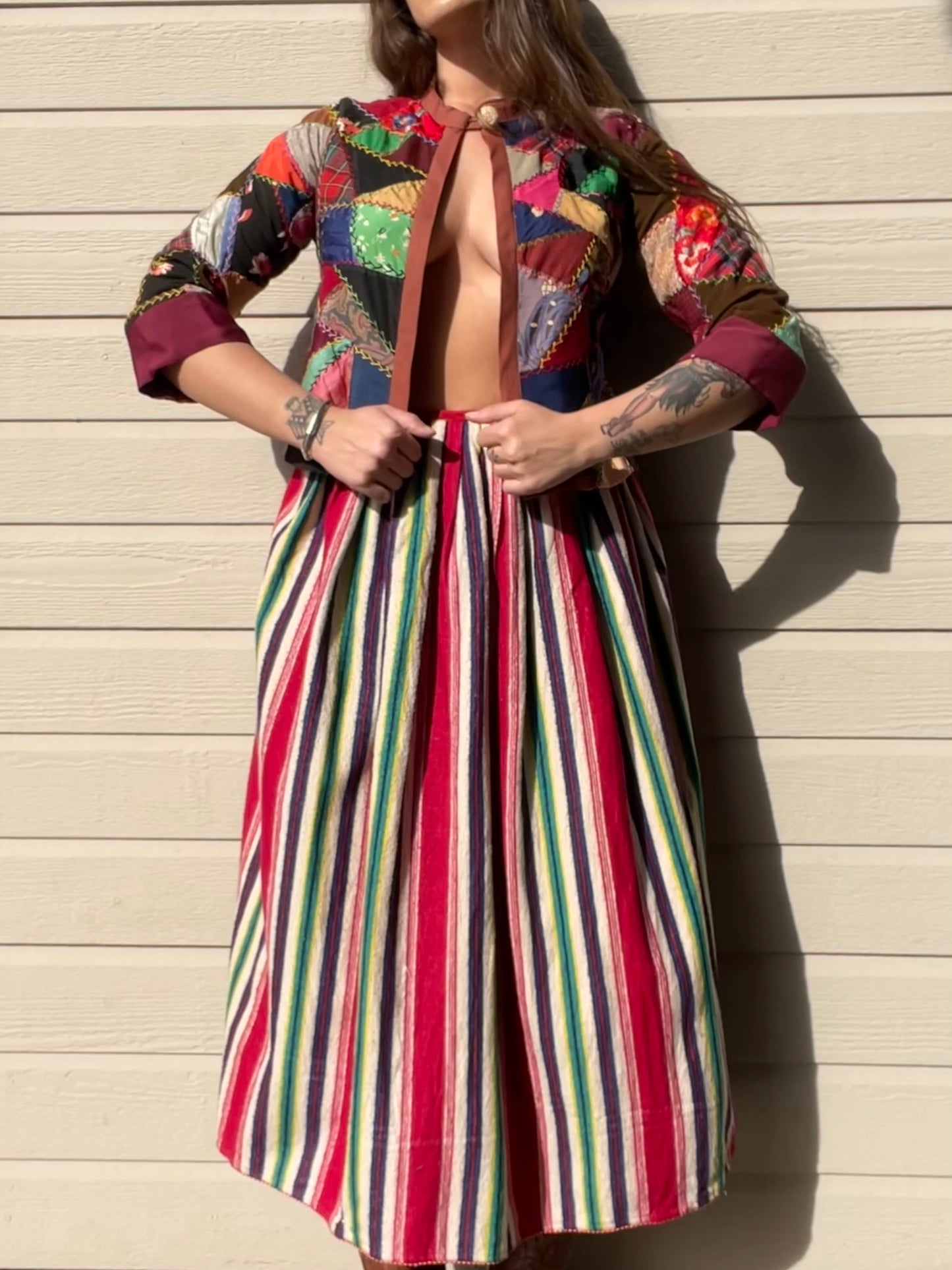1930s Silk Satin Crazy Quilt Bell Sleeve Cropped Jacket
