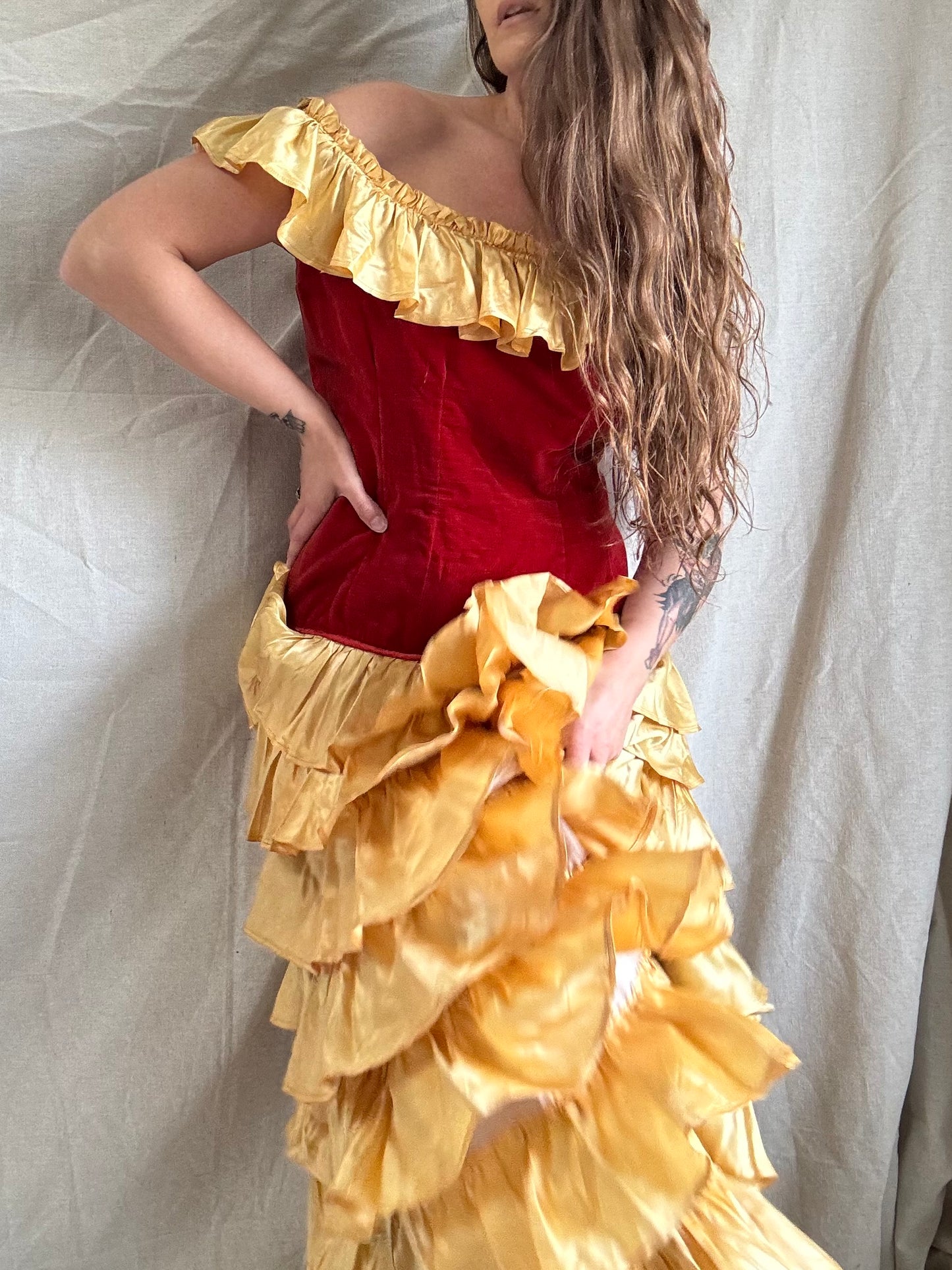 1930s Crimson Velveteen & Gold Liquid Satin Tiered Ruffle Gown