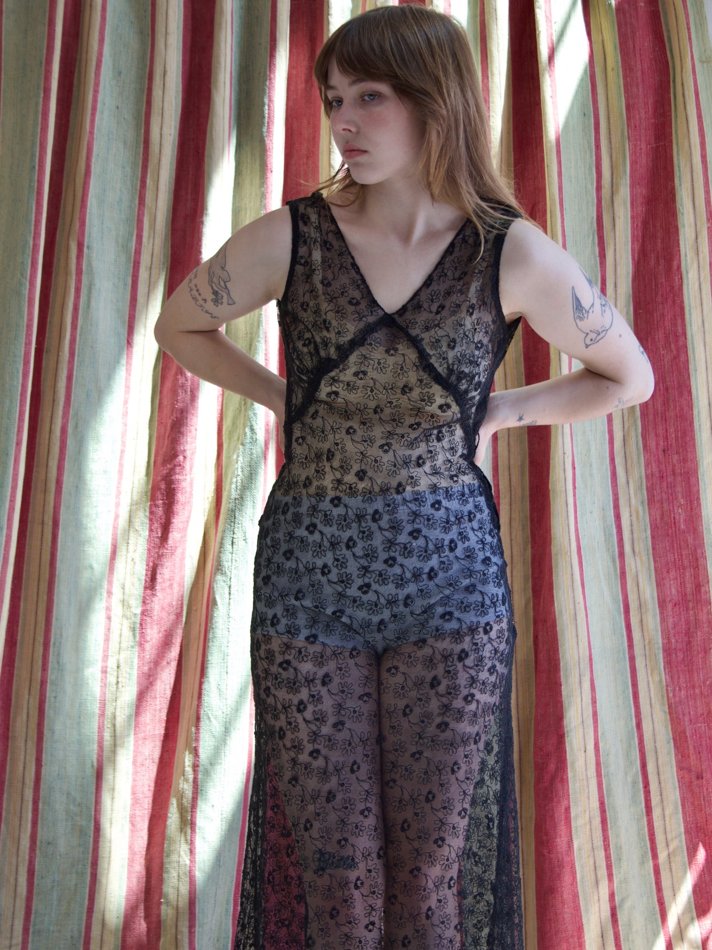 1930s Inky Black Embroidered Net Low Back Dress