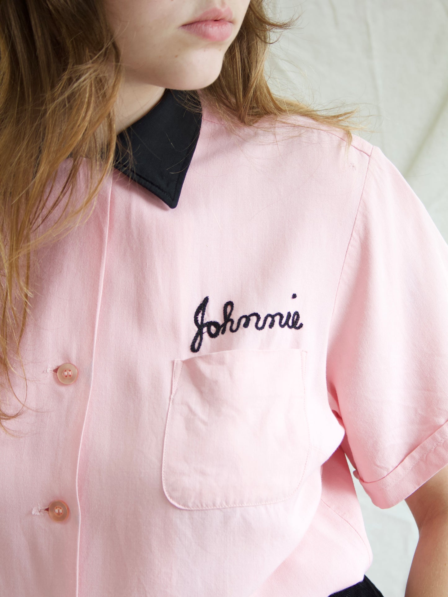 Rare 1950s “Starkeys Bowlerettes” Pink Rhinestone Embellished Gabardine Bowling Shirt