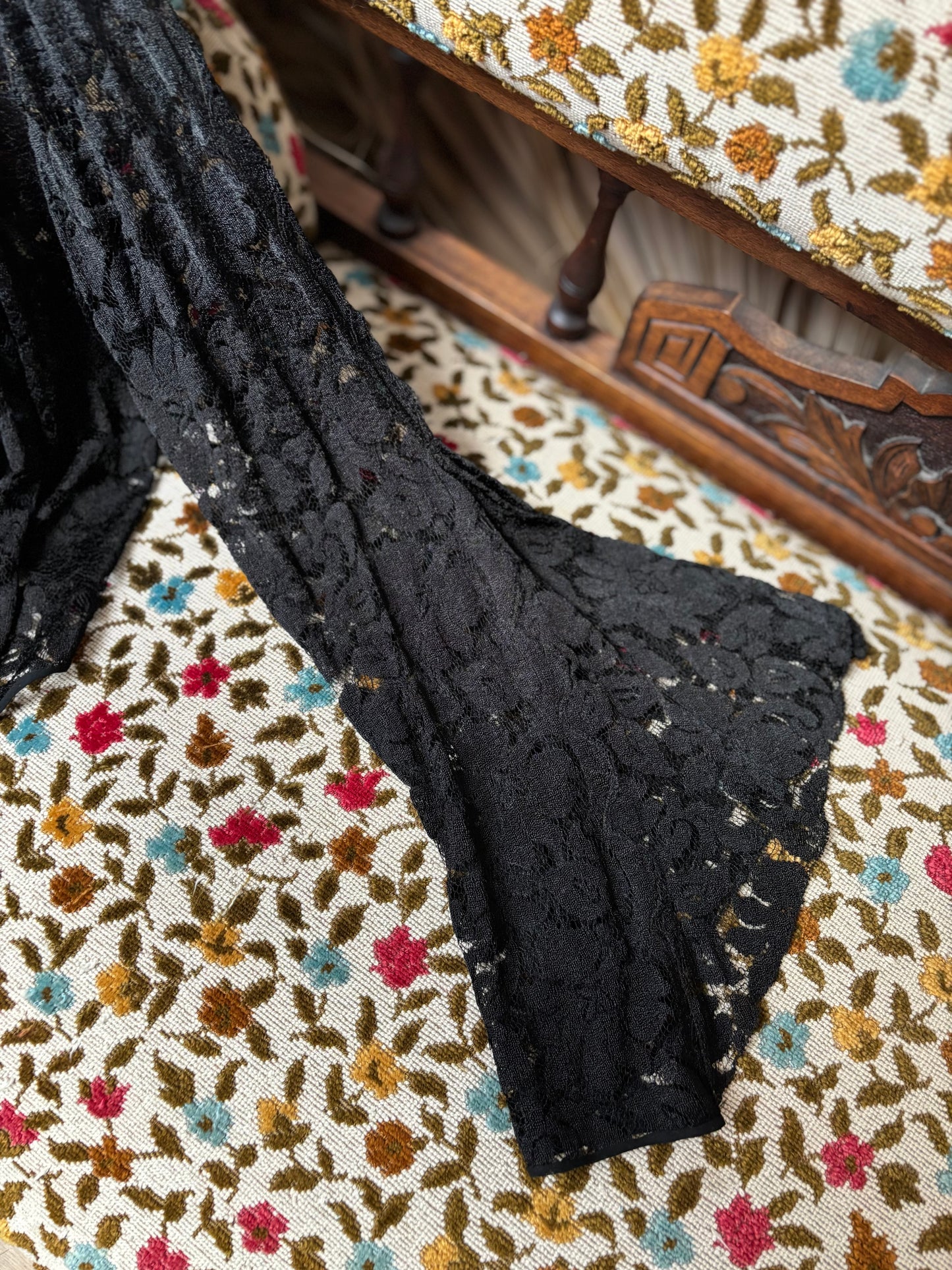1930s Inky Black Bell Sleeve Floral Lace Bolero Jacket