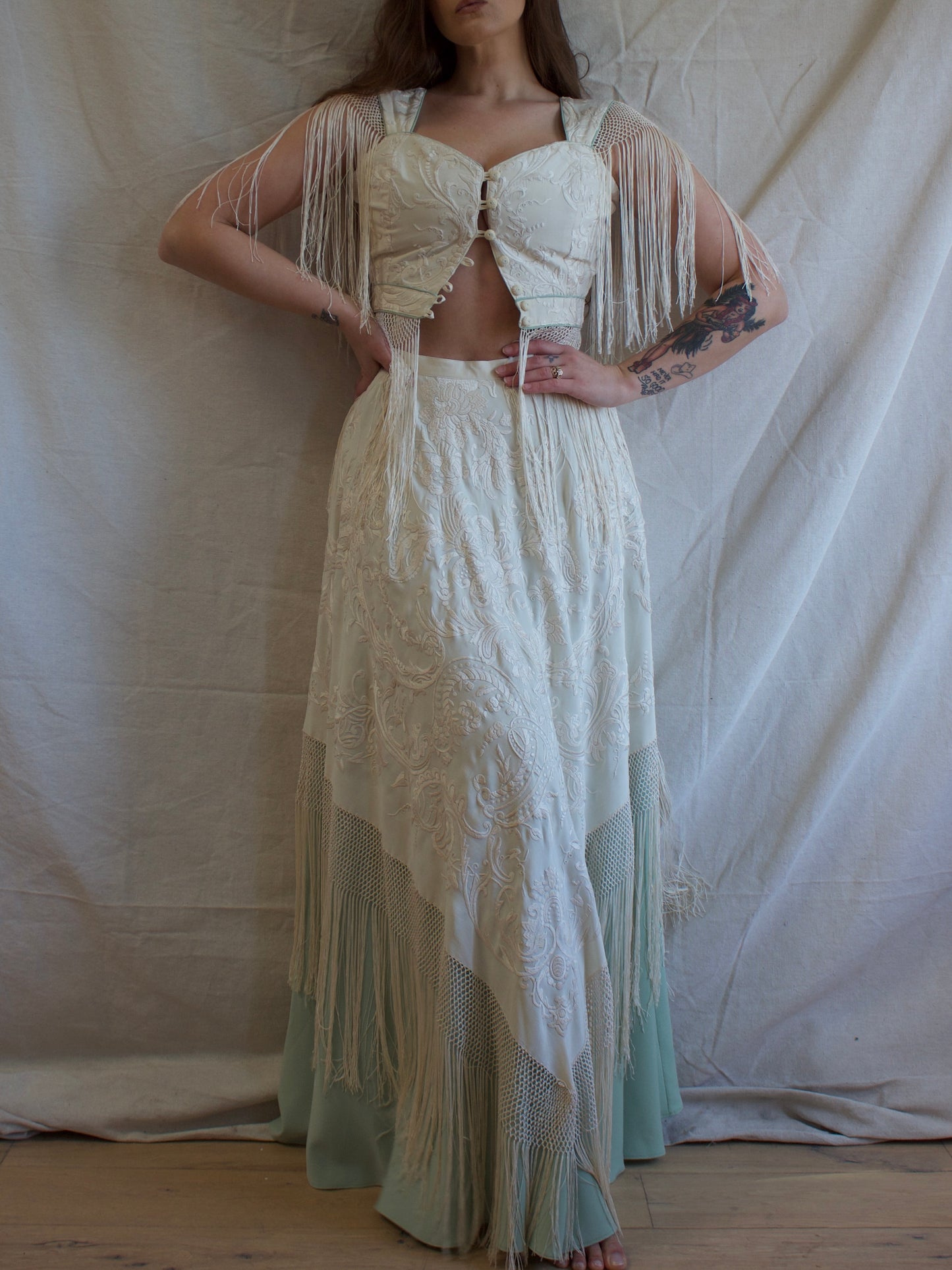 Antique Embroidered Fringe Piano Shawl Made Two Piece Gown