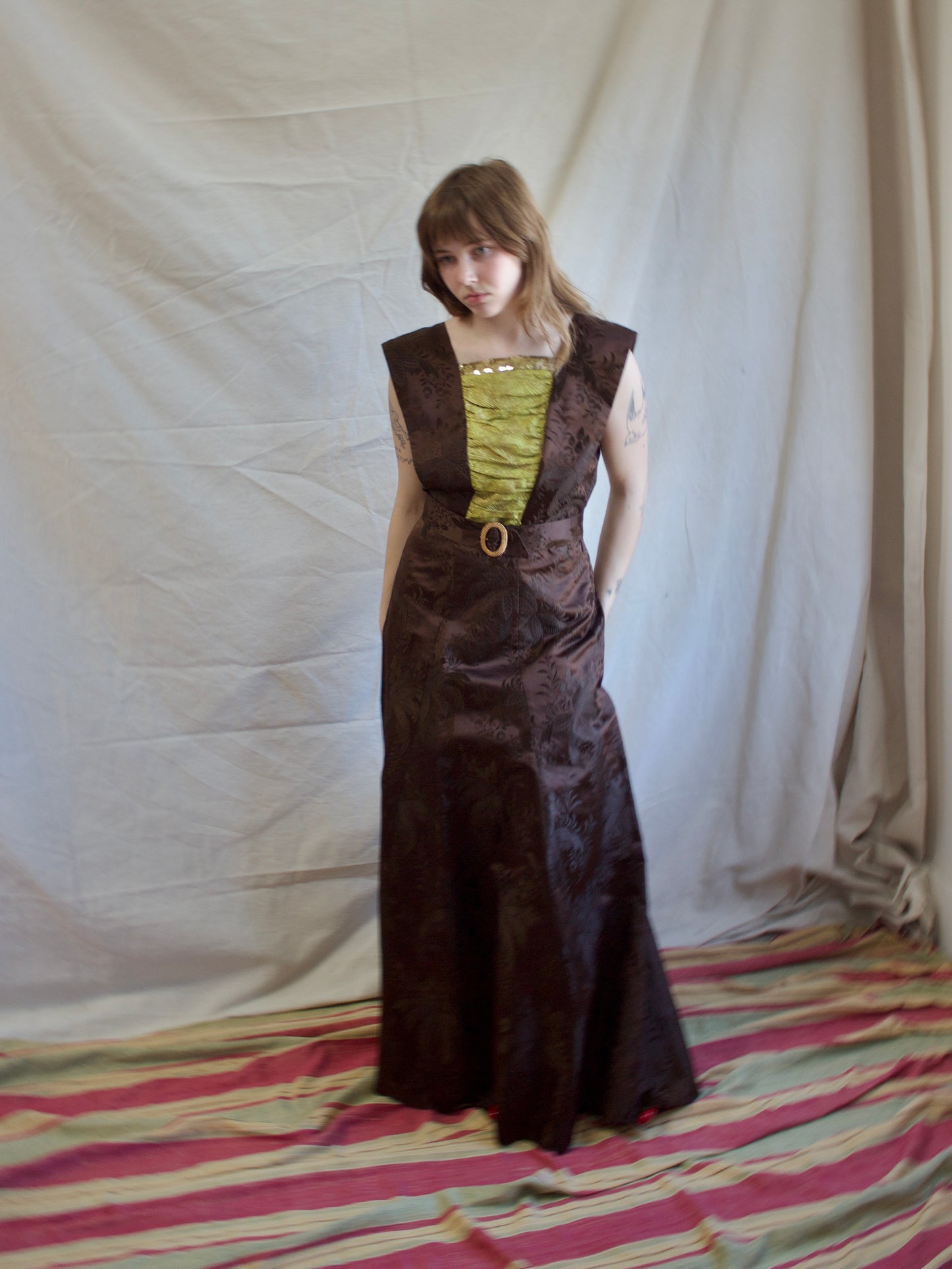 1930s Silk Satin Jacquard & Lamé Sequin Trim Gown