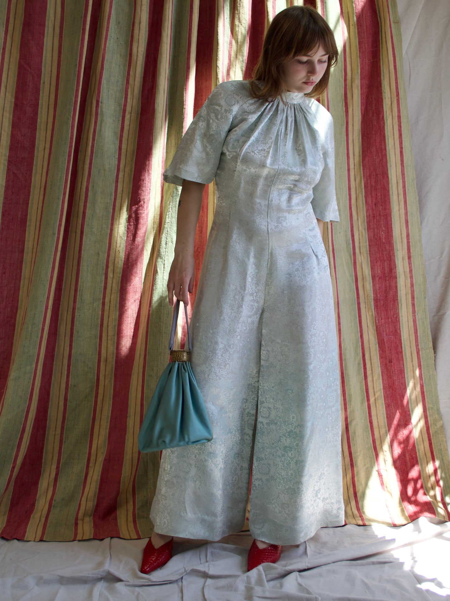 1970s Faux Silk Damask Bell Sleeve High Neck Palazzo Pant Jumpsuit
