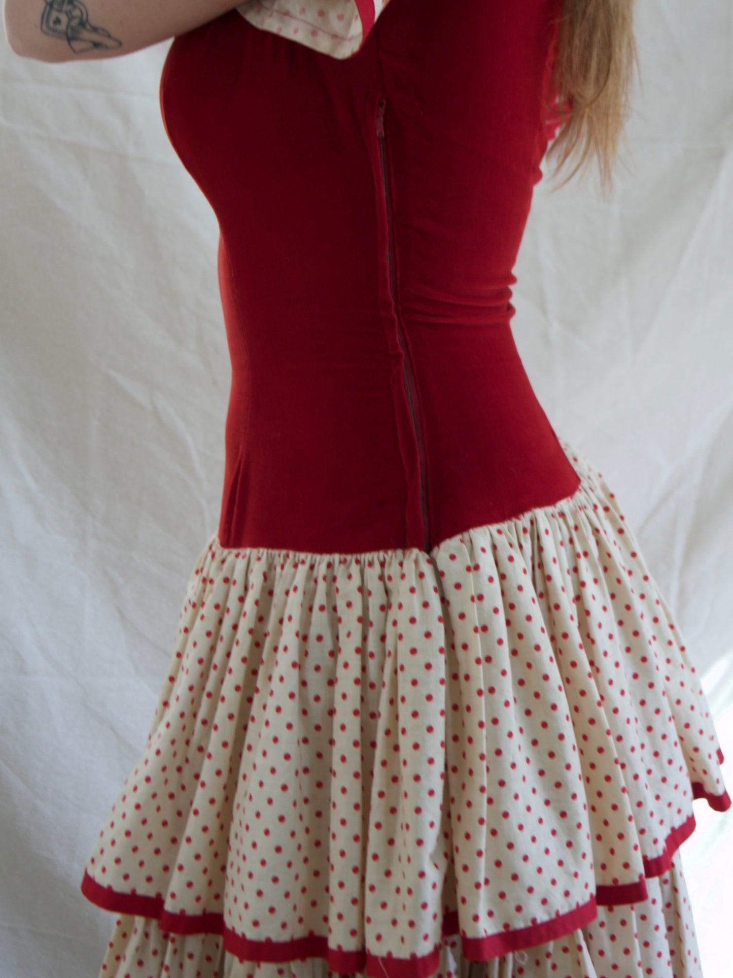 1930s Flamenco Velveteen Polka Dot Ruffle Dress