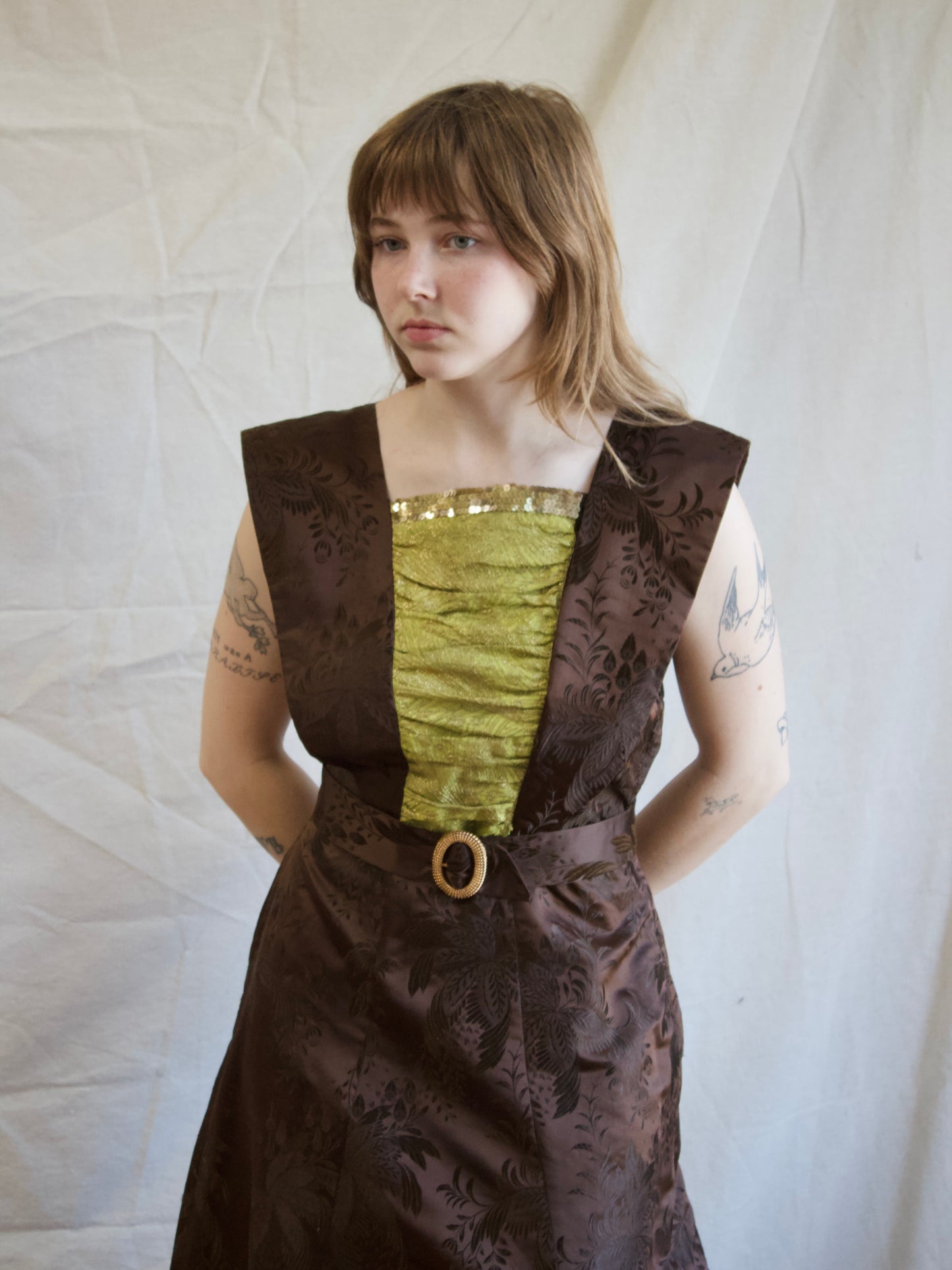 1930s Silk Satin Jacquard & Lamé Sequin Trim Gown