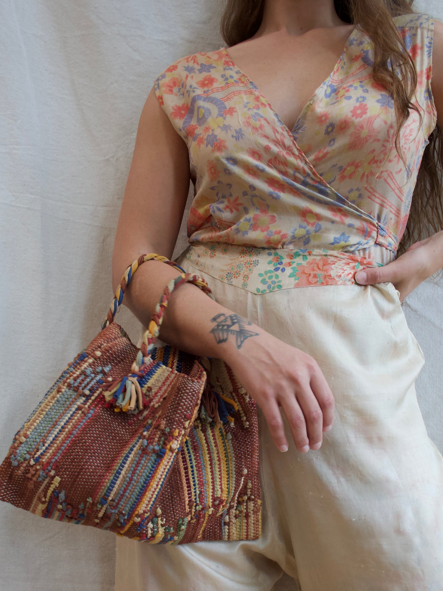1930s Handmade Woven Autumnal Rag Rug Handbag