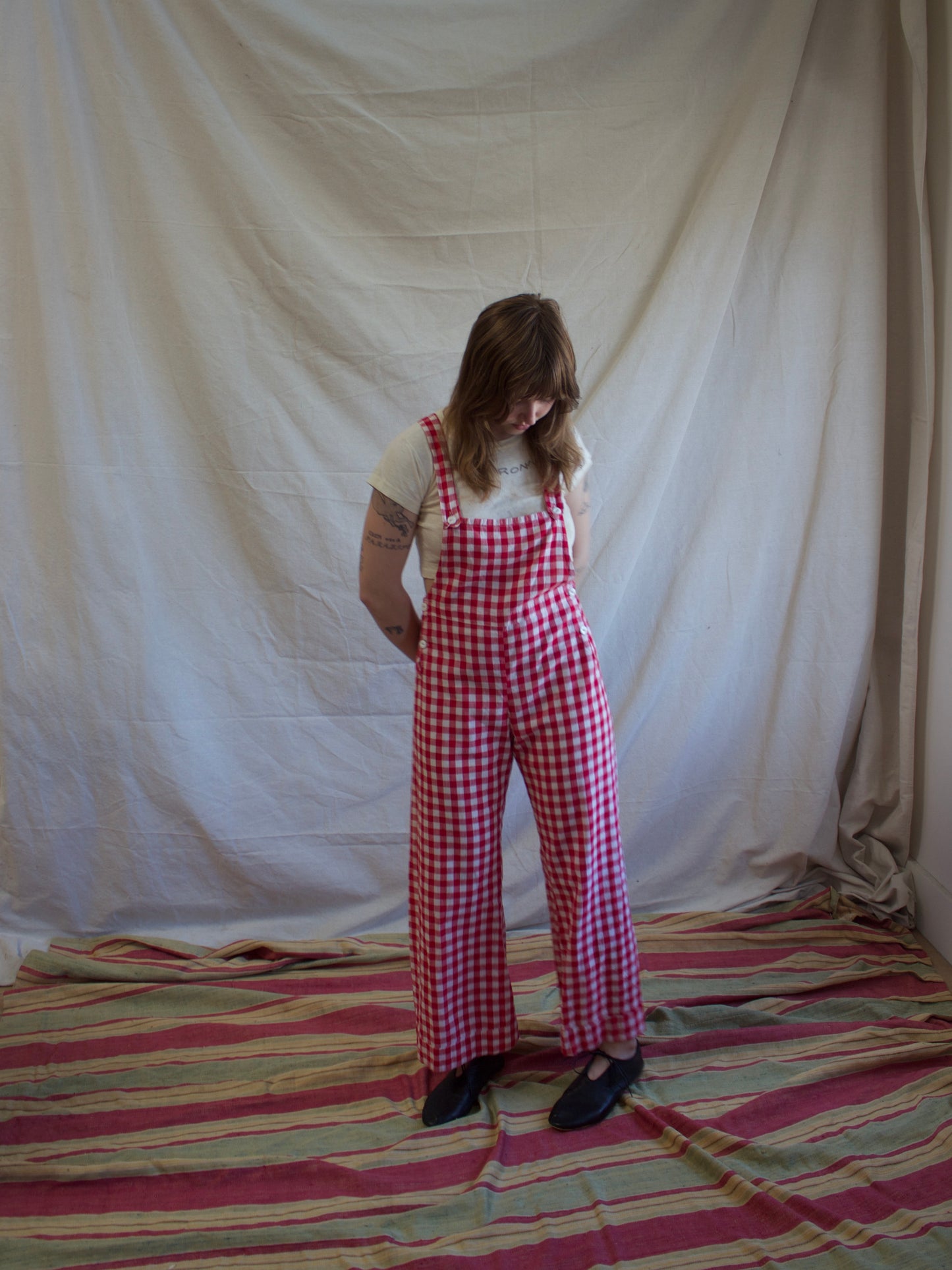 1930s Gingham Cotton Bib Front Side Button Overalls