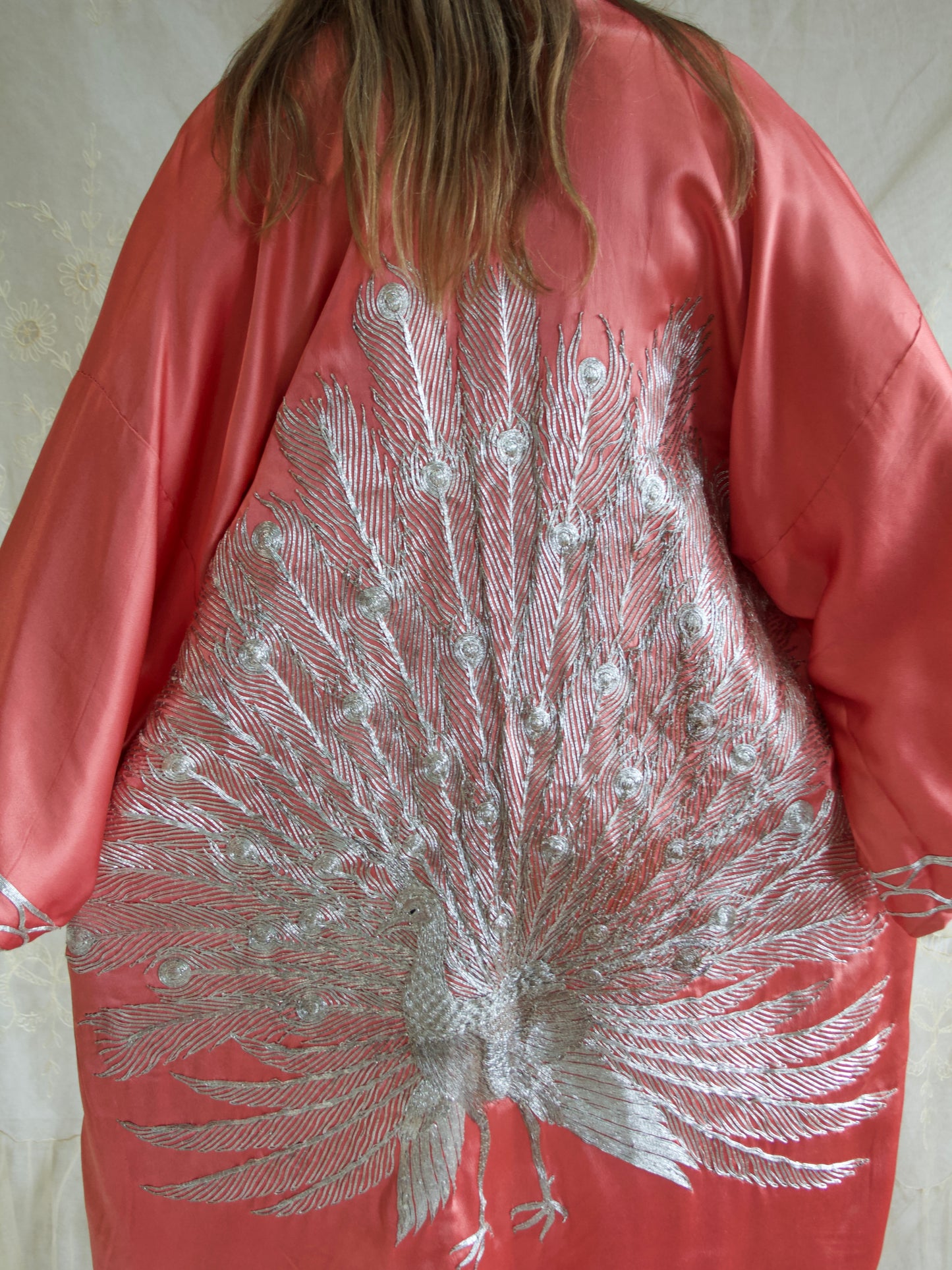 Rare 1940s Salmon Pink Gold Bullion Embroidered Peacock Robe