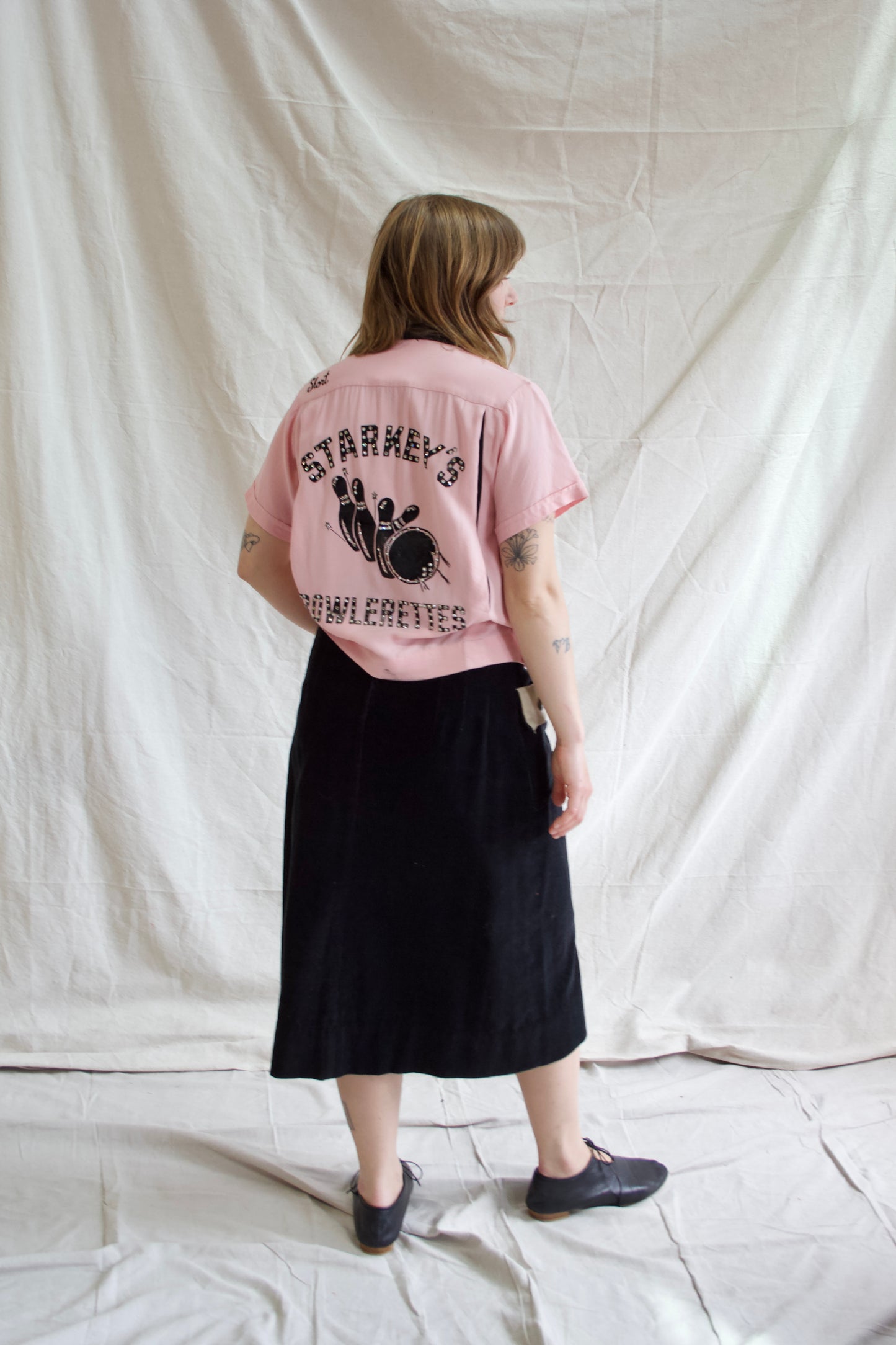 Rare 1950s “Starkeys Bowlerettes” Pink Rhinestone Embellished Gabardine Bowling Shirt