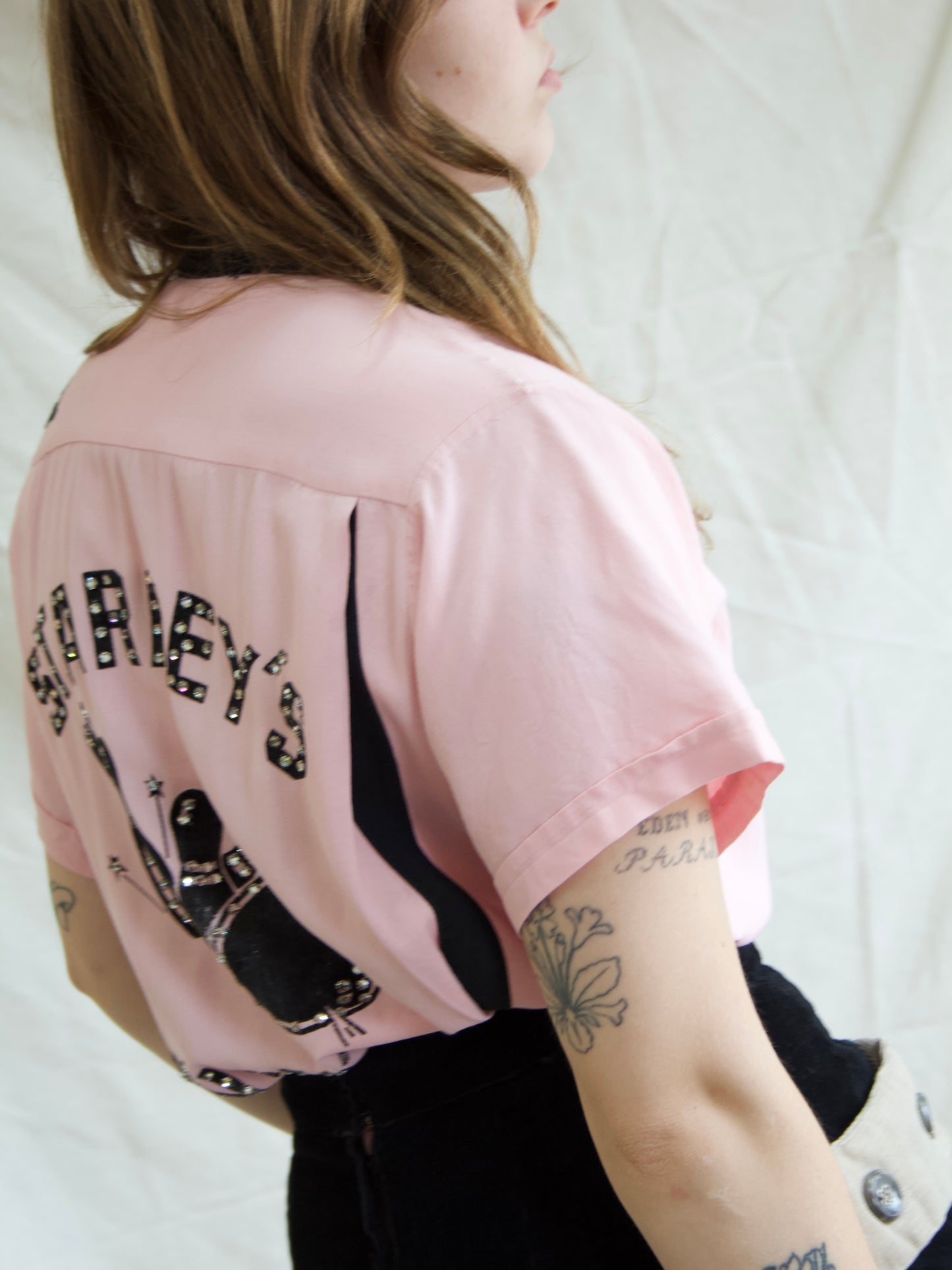 Rare 1950s “Starkeys Bowlerettes” Pink Rhinestone Embellished Gabardine Bowling Shirt