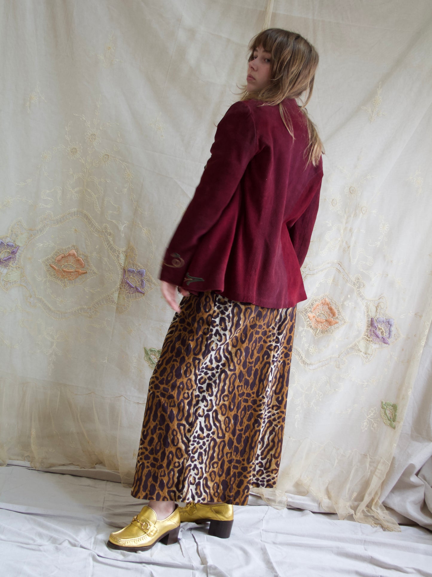 1970s Aubergine Suede Floral Applique Jacket