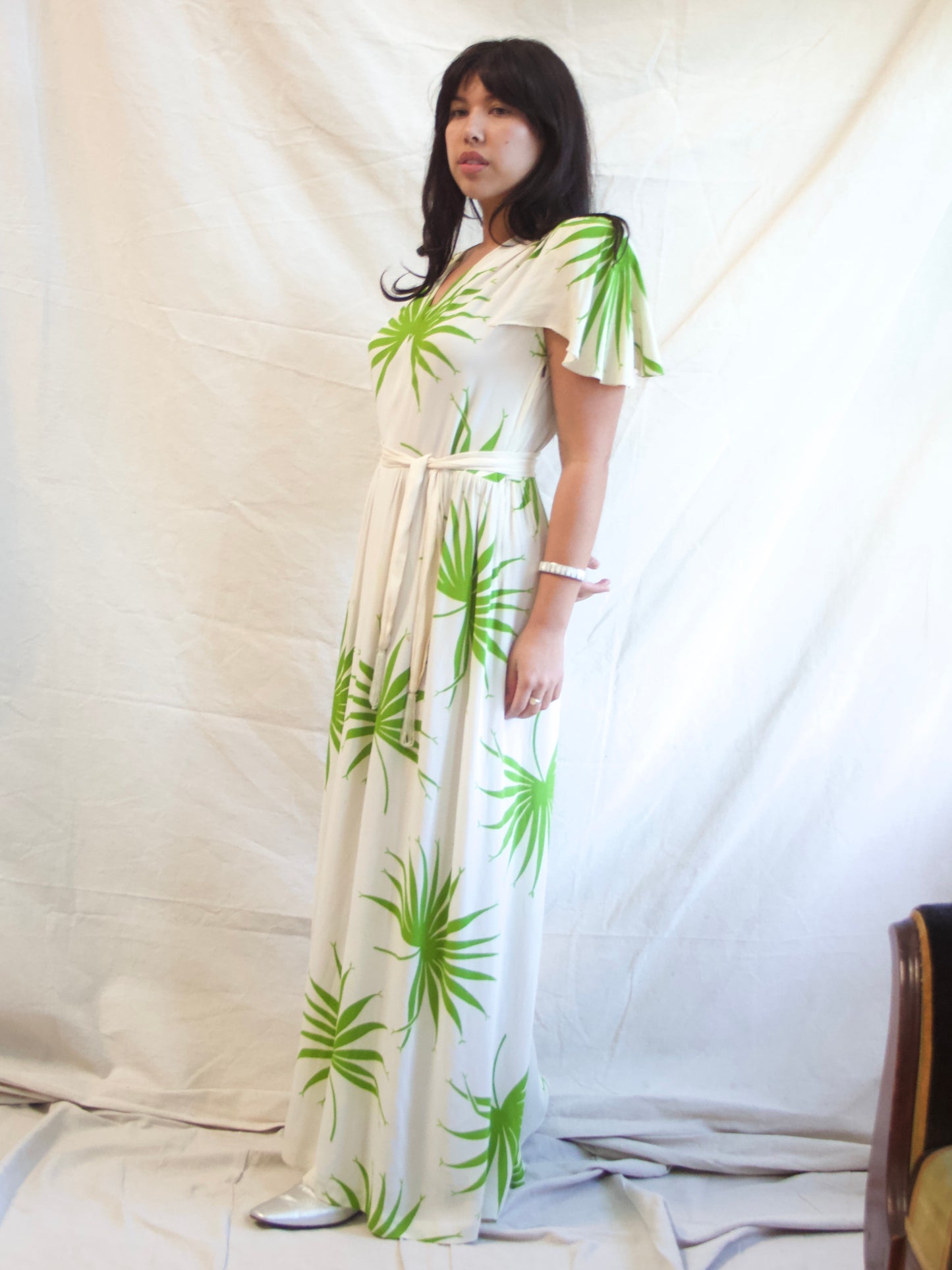 1940s Strong Shoulder Lime Green Palm Print Silk Crepe Dress
