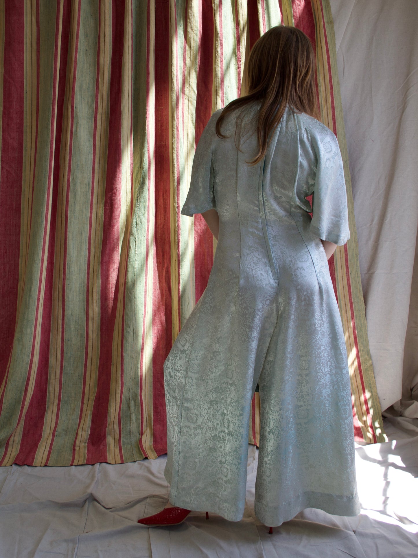 1970s Faux Silk Damask Bell Sleeve High Neck Palazzo Pant Jumpsuit