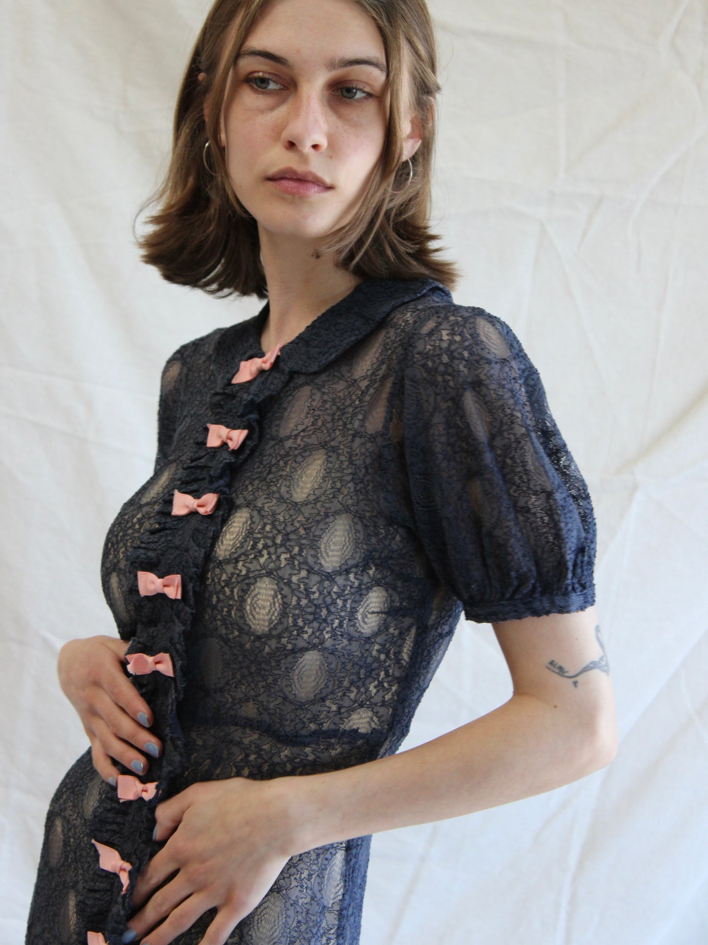 1930s Navy Blue Embroidered Net Puff Sleeve Bow Trimmed Dress