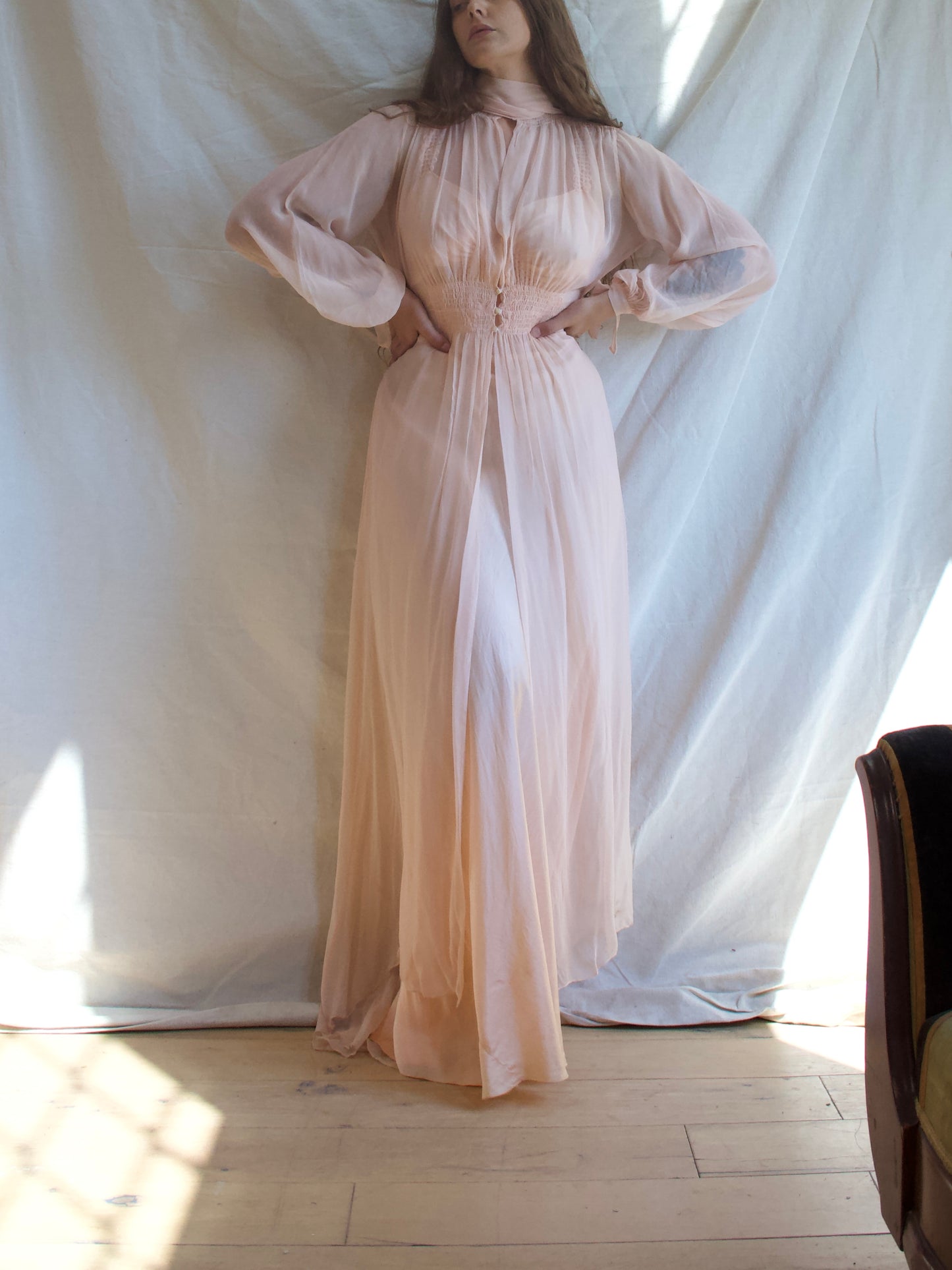 1930s Chiffon Bishop Sleeve Smocked Trained Peignoir