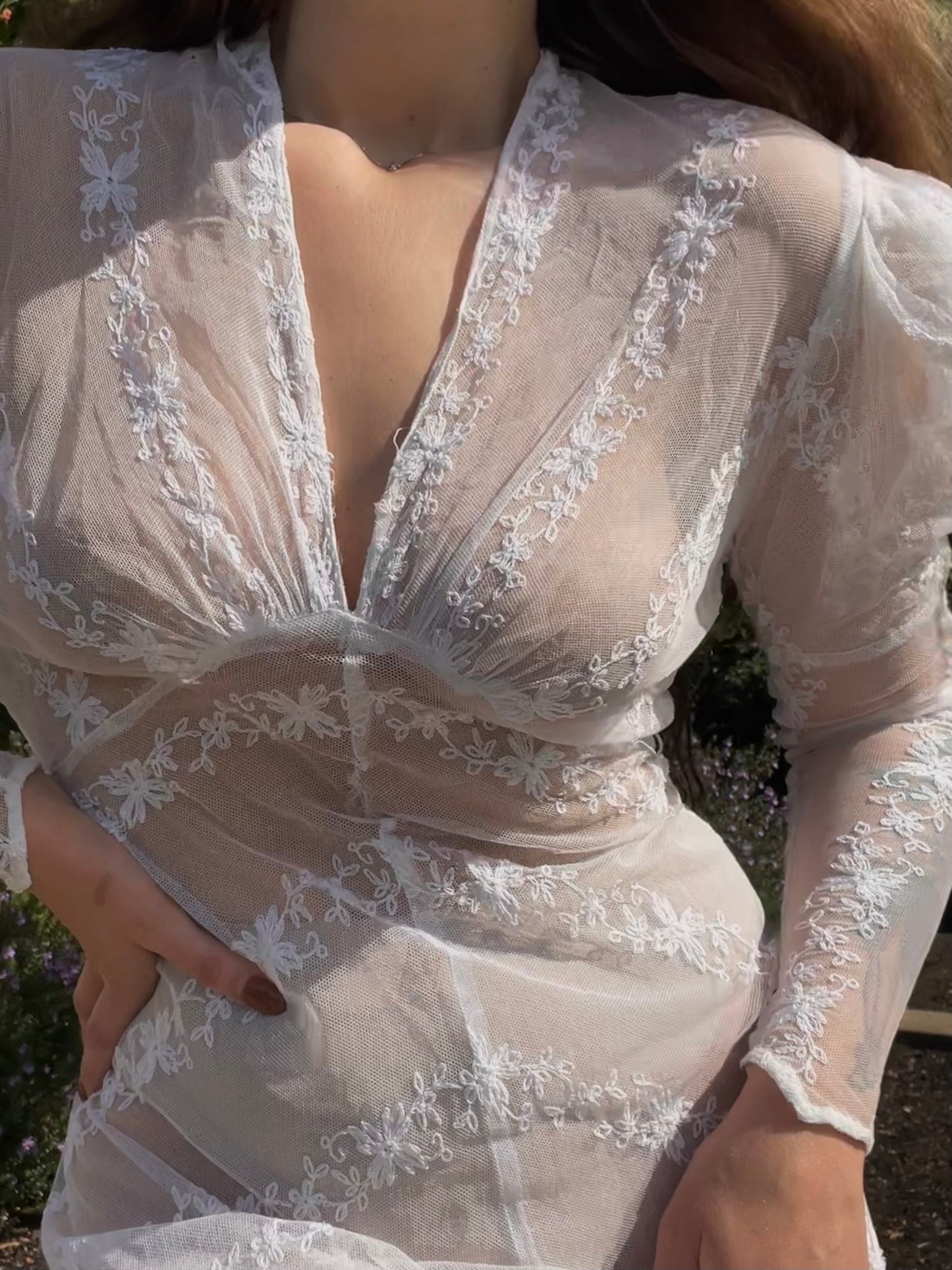 Edwardian Embroidered Net Lace Gigot Sleeve Bridal Gown