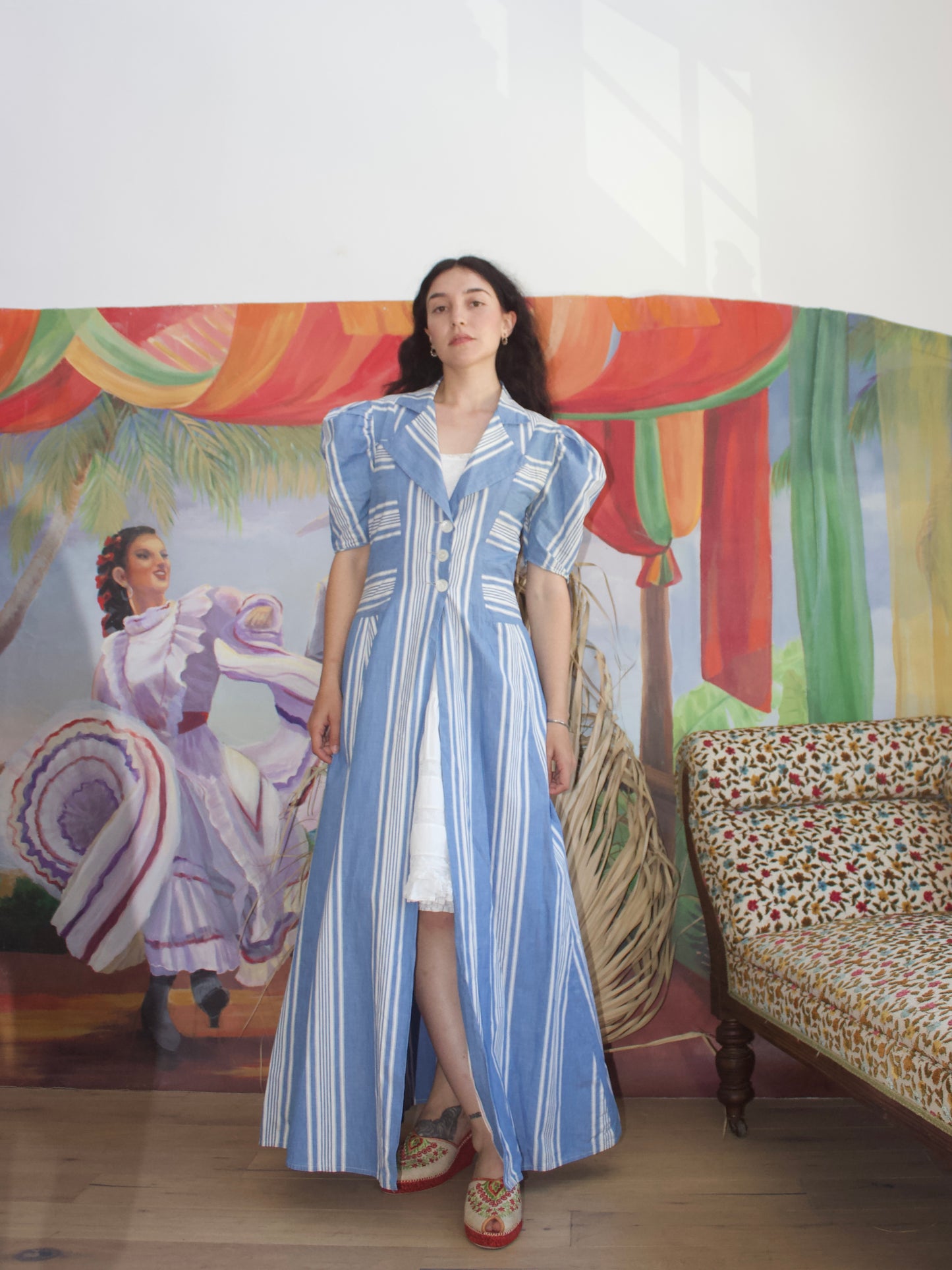 1930s Extreme Puff Sleeve Striped Chambray Floor Length Duster