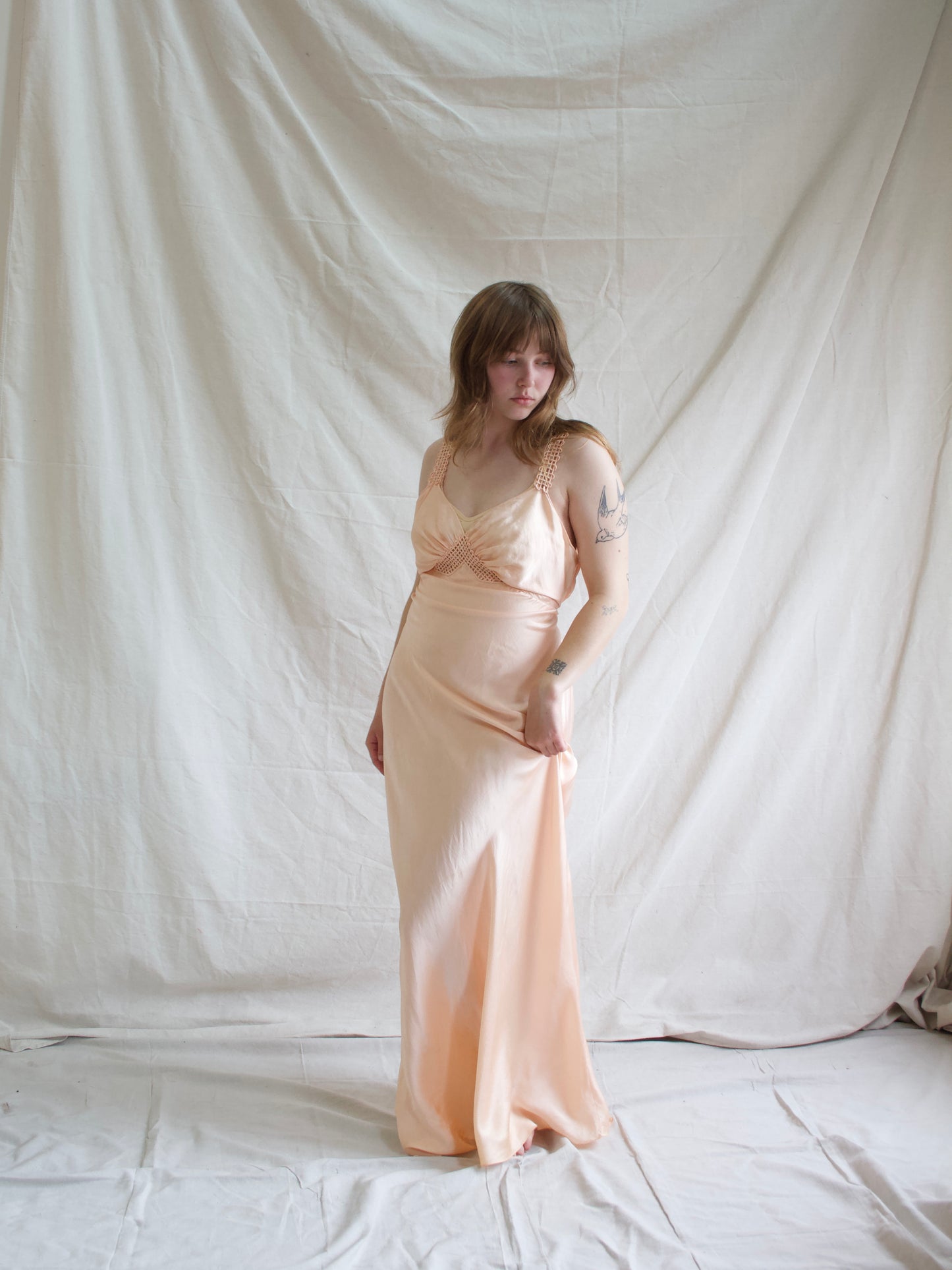 1930s Hand Sewn Woven Strap Bias Cut Silk Midriff Detail Slip Dress