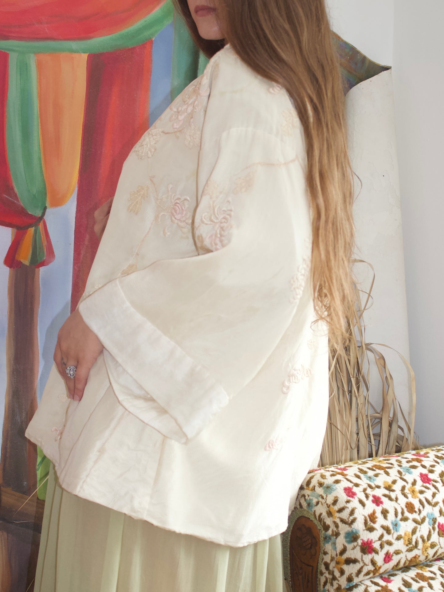1920s Embroidered Chrysanthemum Silk Bell Sleeve Kimono