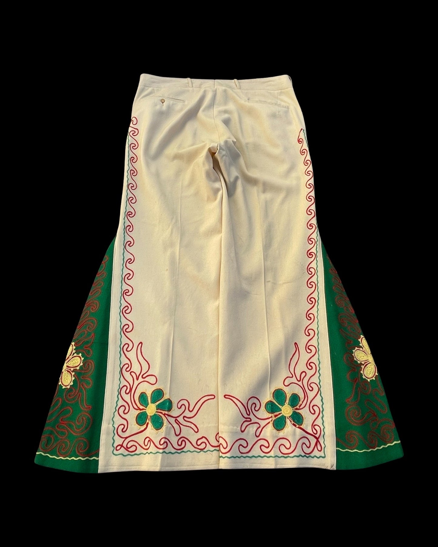 1930s Custom Made Floral Motif Chain Stitched Kick Flare Wool Pants