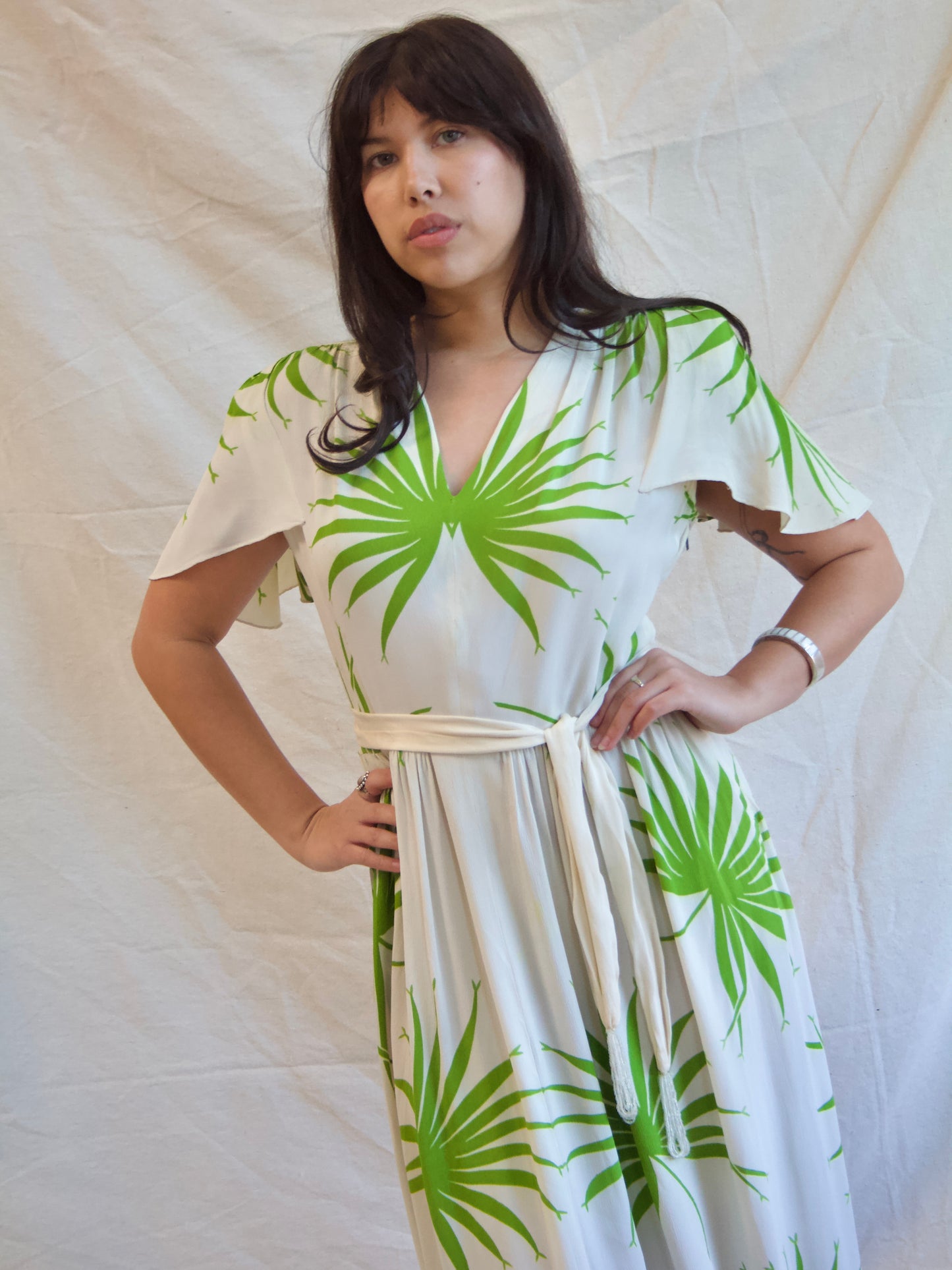 1940s Strong Shoulder Lime Green Palm Print Silk Crepe Dress