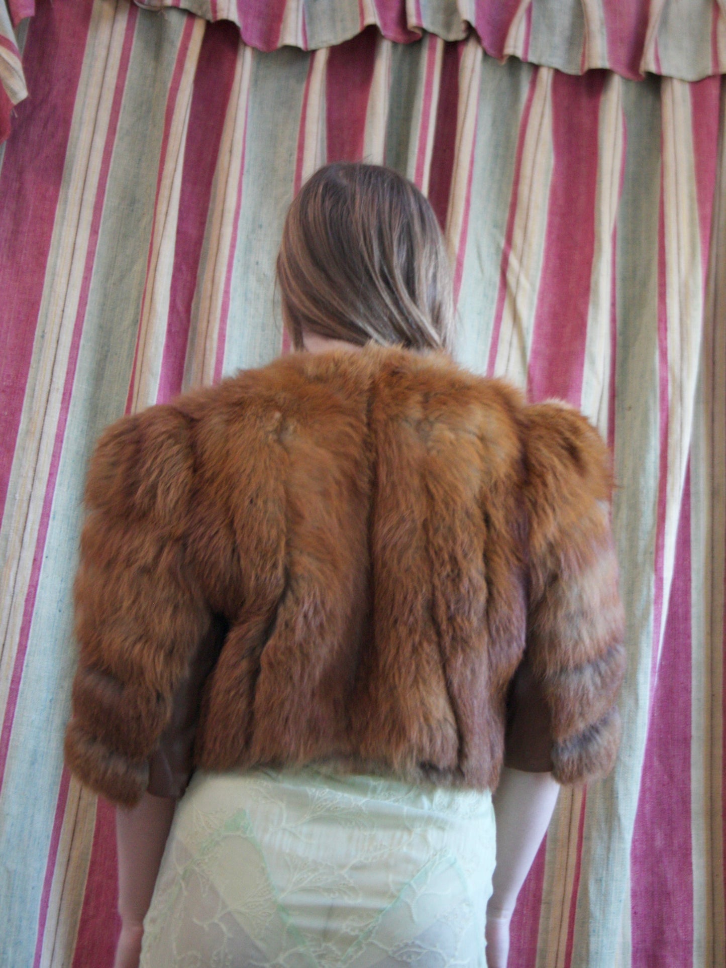 1940s Strong Shoulder Fox Fur & Silk Satin Cropped Jacket