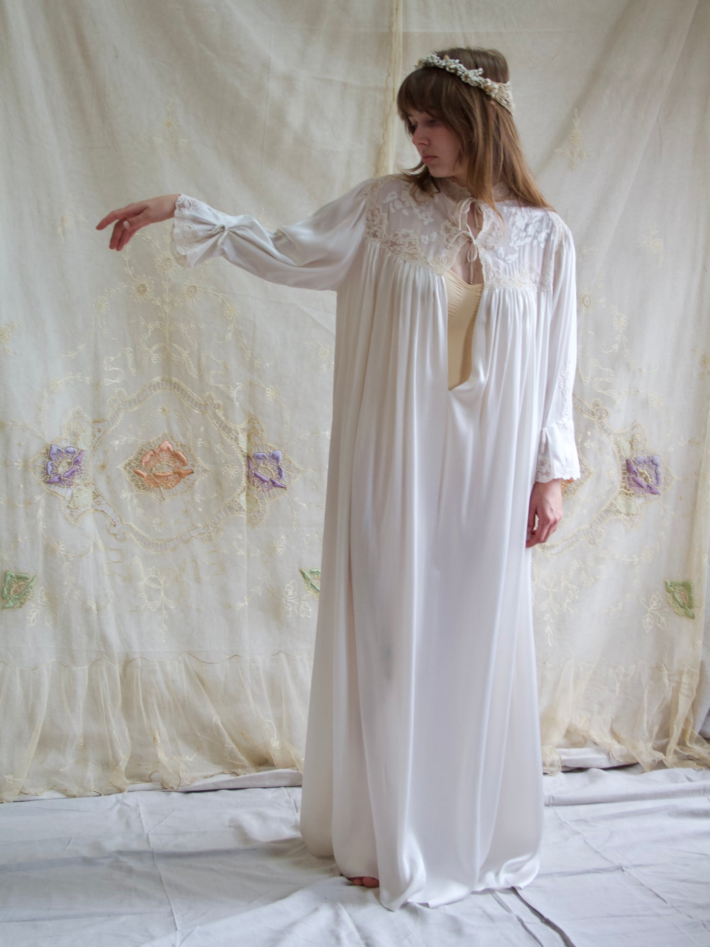 Rare 1930s Silk Lace Hand Sewn Balloon Sleeve Deep V Trousseau Gown